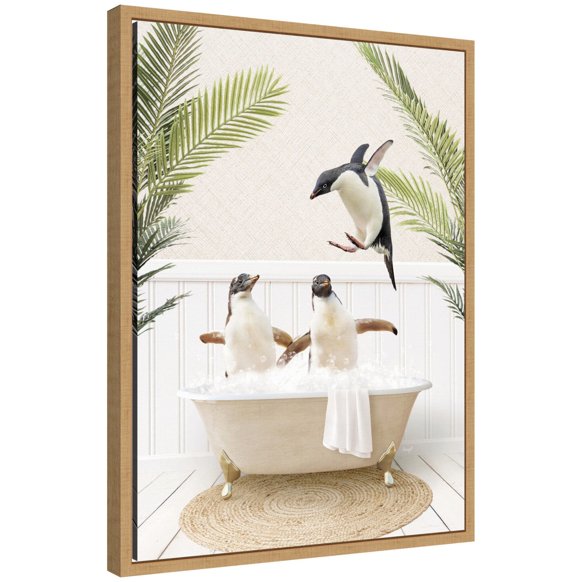 Framed canvas art showing penguins relaxing in a palm bathtub, by Amy Peterson