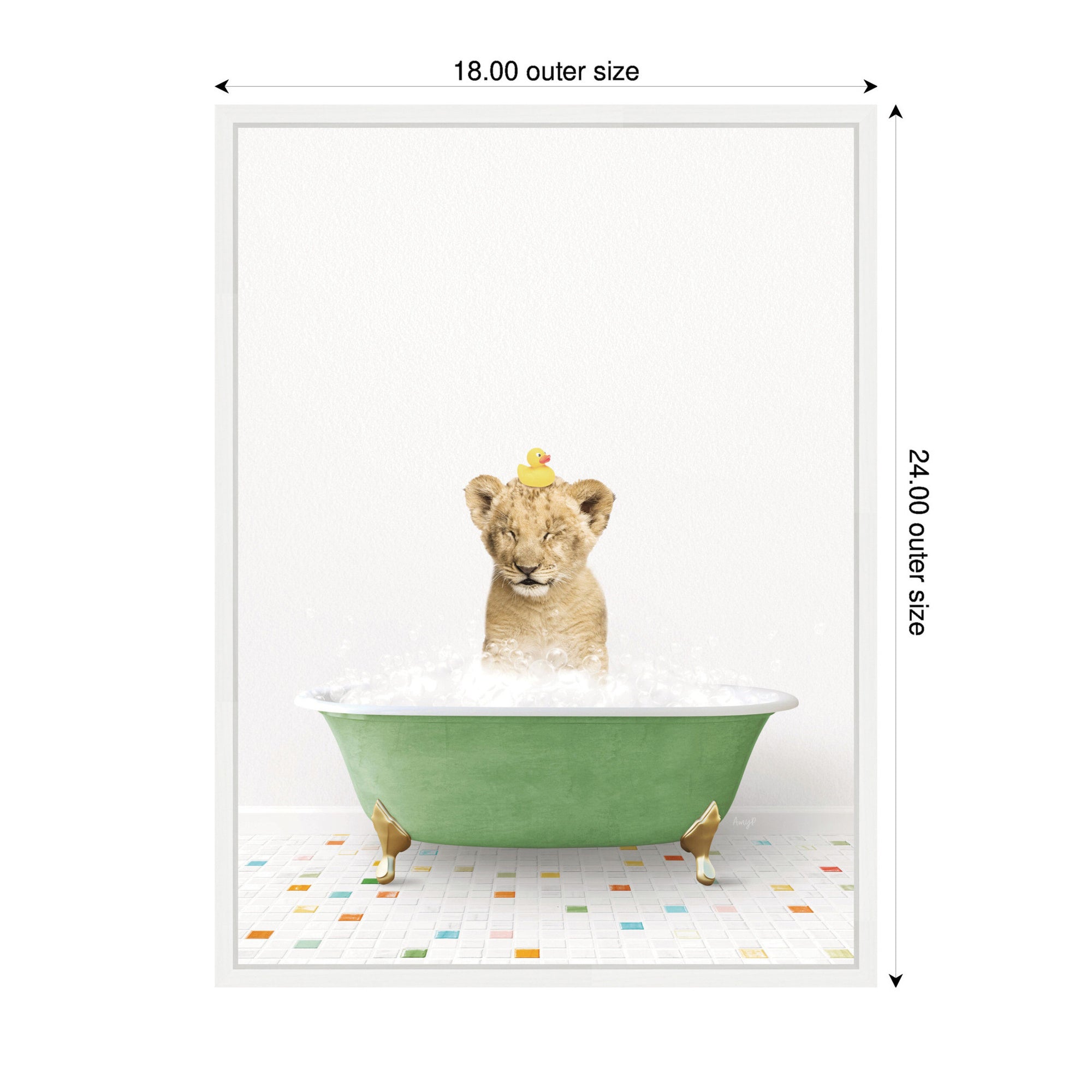 Sylvie Lion Cub in Green Bathtub on Colored Tile Framed Canvas by Amy Peterson