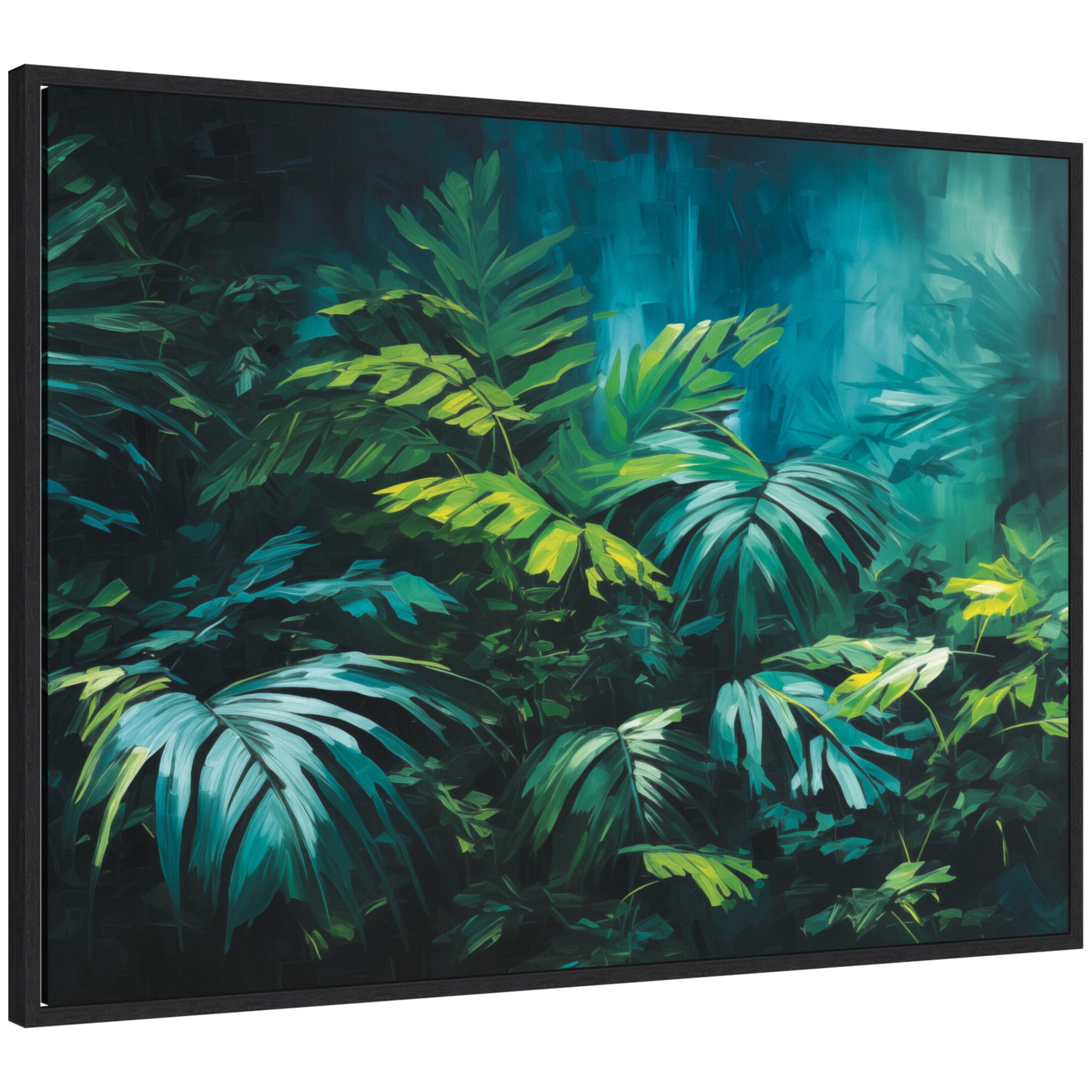 Framed canvas of Sylvie Midnight Tropics Lush Landscape by The Creative Bunch Studio showing tropical foliage in deep midnight blues and greens