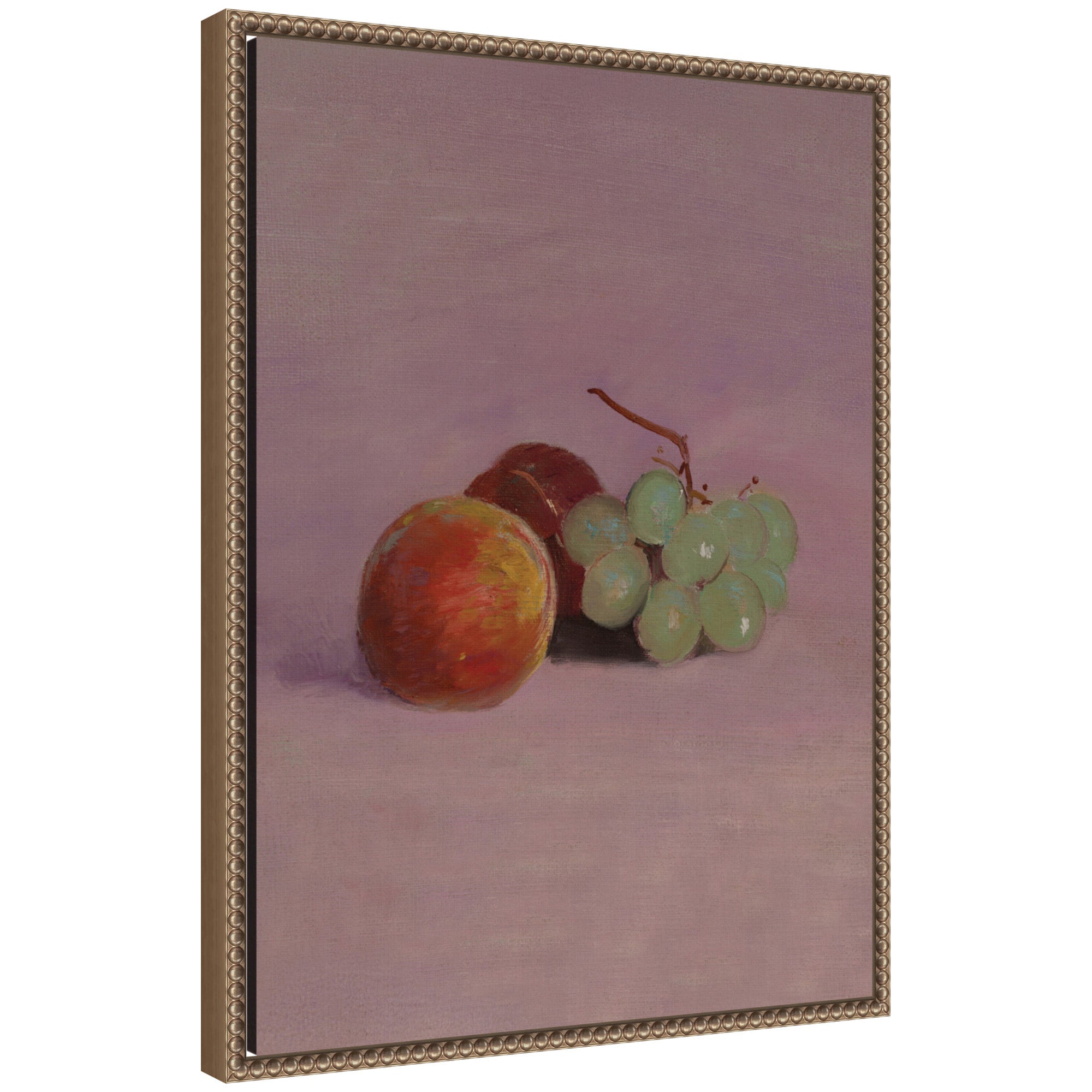Framed canvas wall art of a vertical still life with fruit by Odilion Redon in a dark gold beaded frame