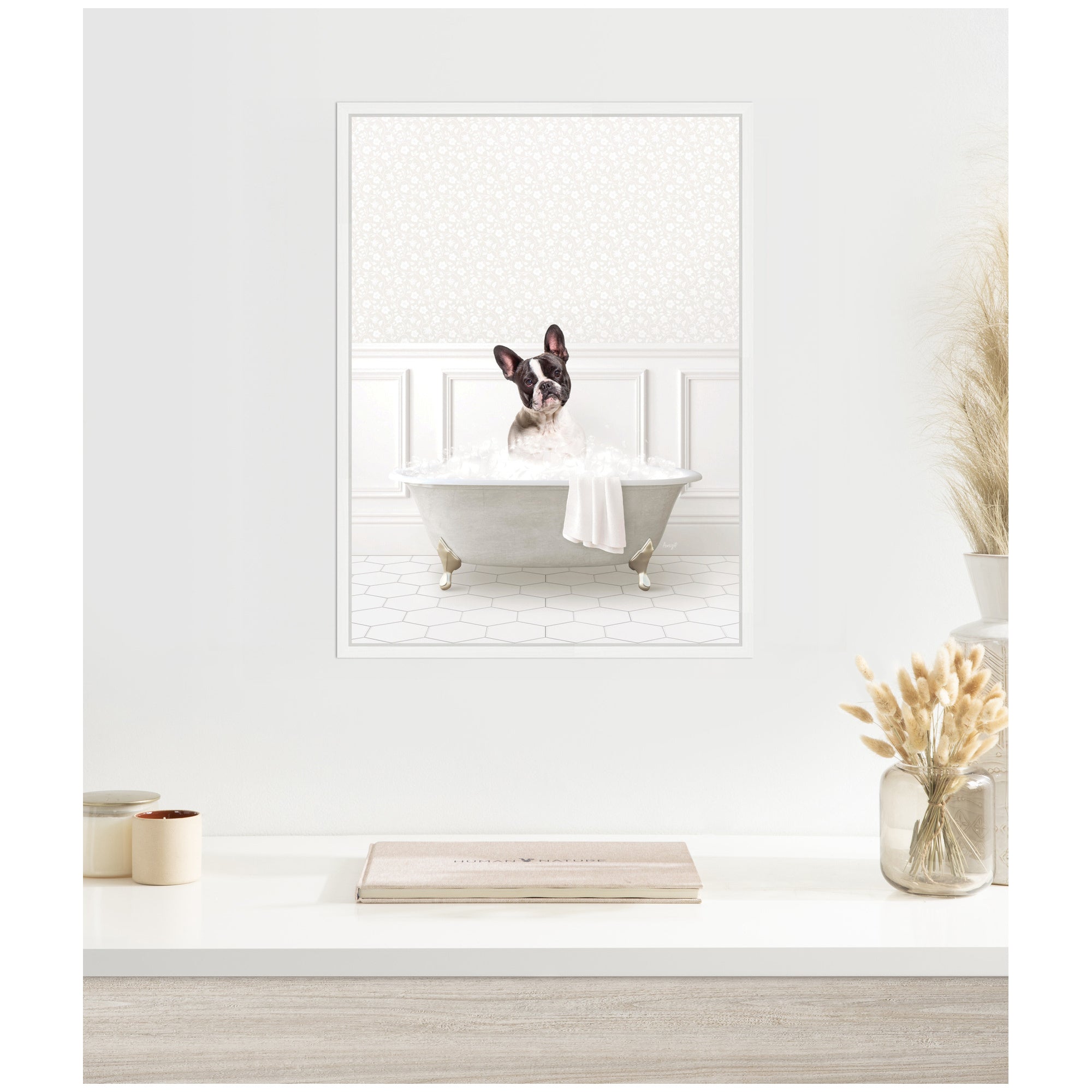 Sylvie French Bulldog in White Bathtub Framed Canvas by Amy Peterson