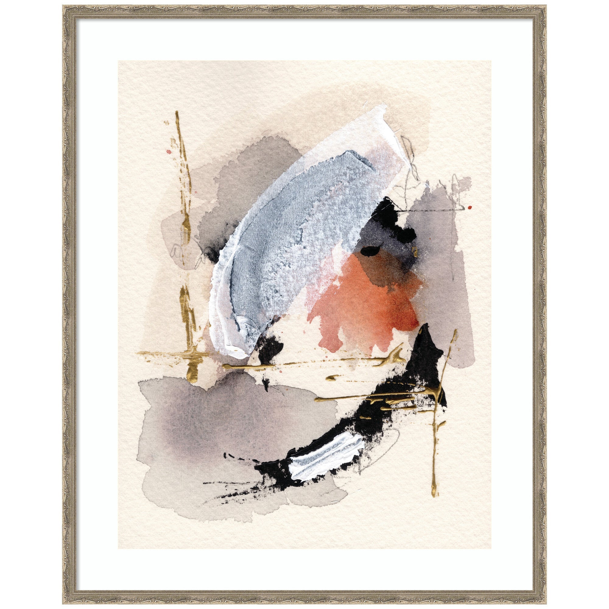 Framed abstract watercolor print Urban Wanderer 2 by Xizhou Xie showing grey, black, white, and muted orange tones in Mila Dark Silver frame.