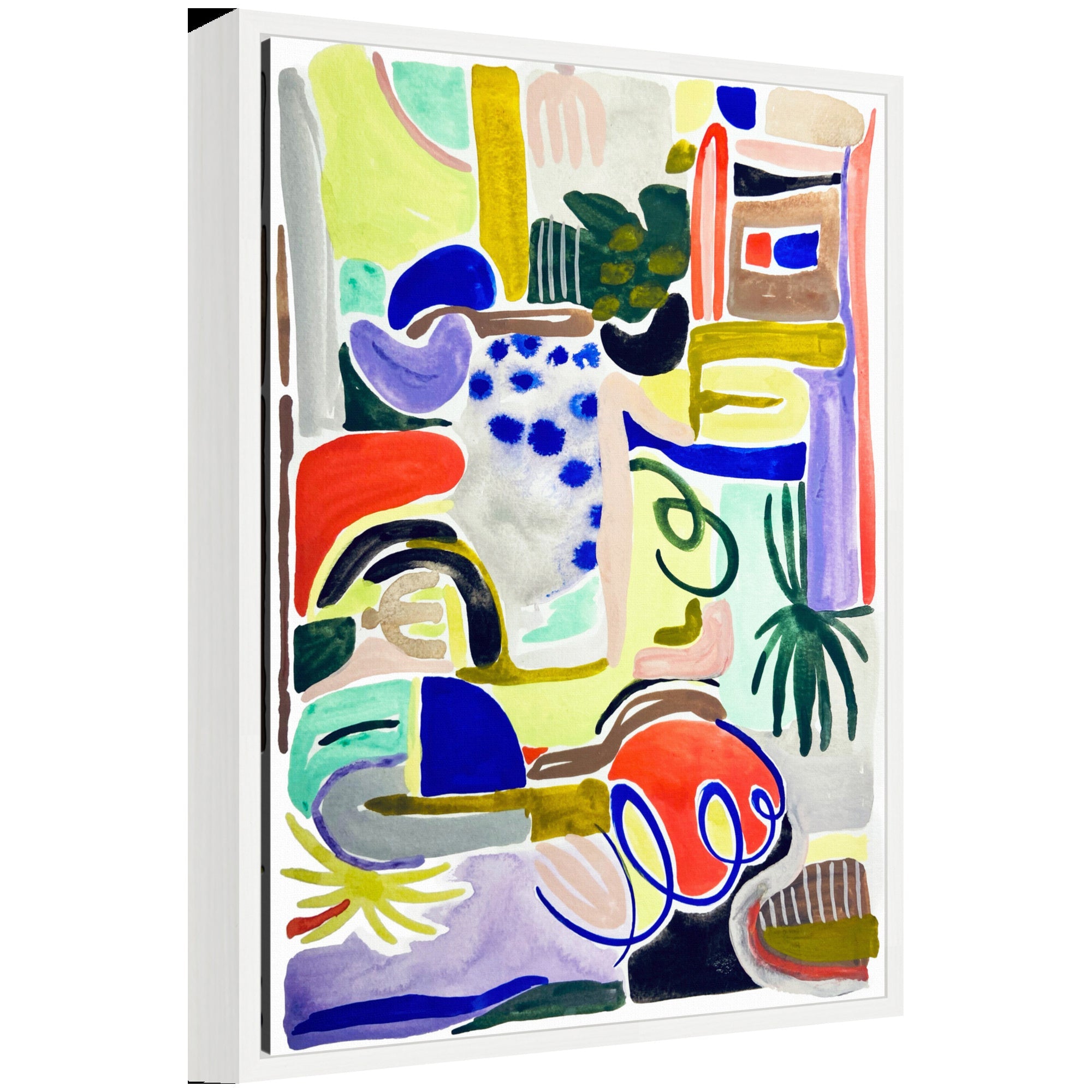 Sylvie Abstract 07 framed canvas art featuring abstract geometric shapes in muted tones, displayed on a white wall.