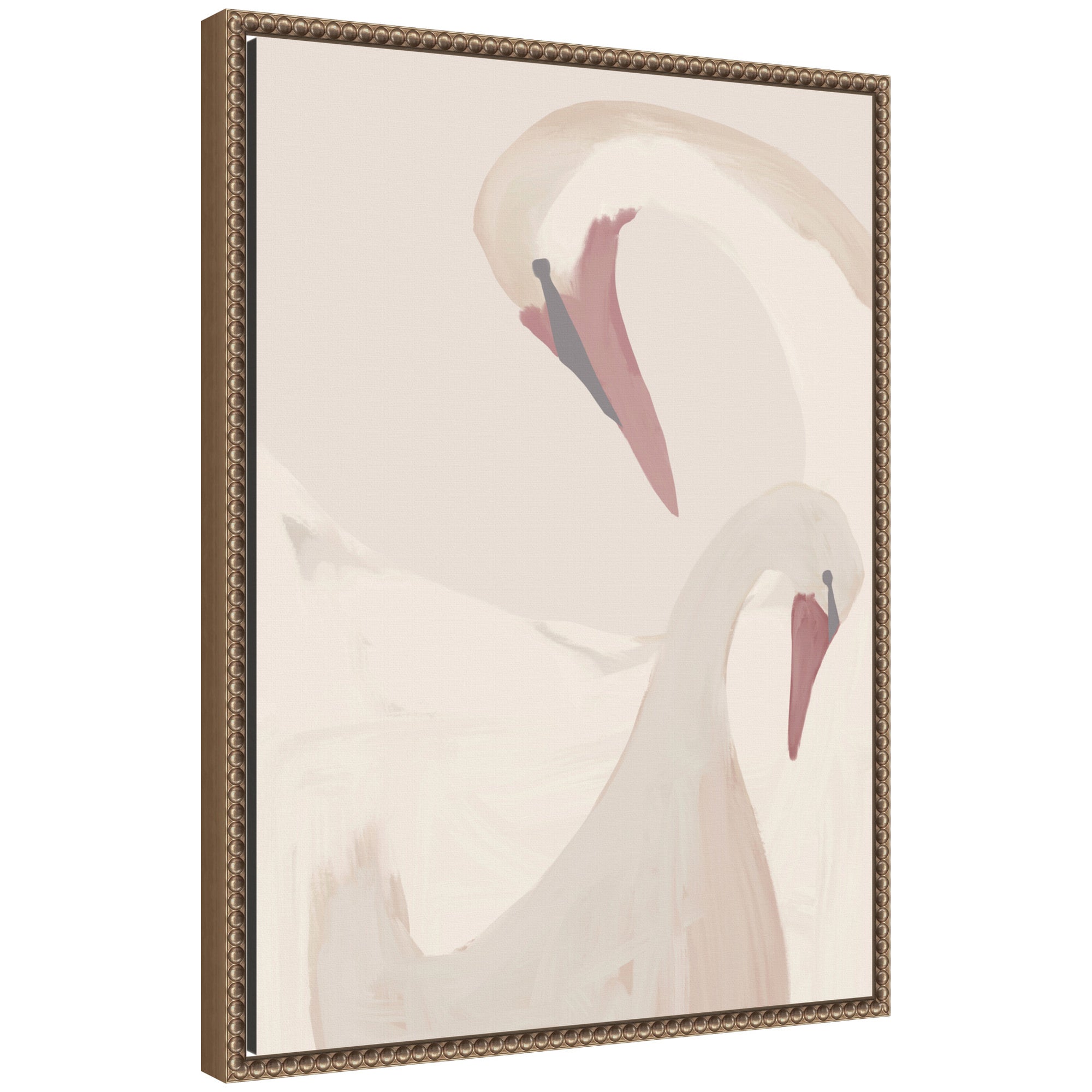 Framed canvas wall art print titled 'Swans Swimming' by Alicia Abla featuring two swans in water with lily pads, in a Sylvie Beaded frame.