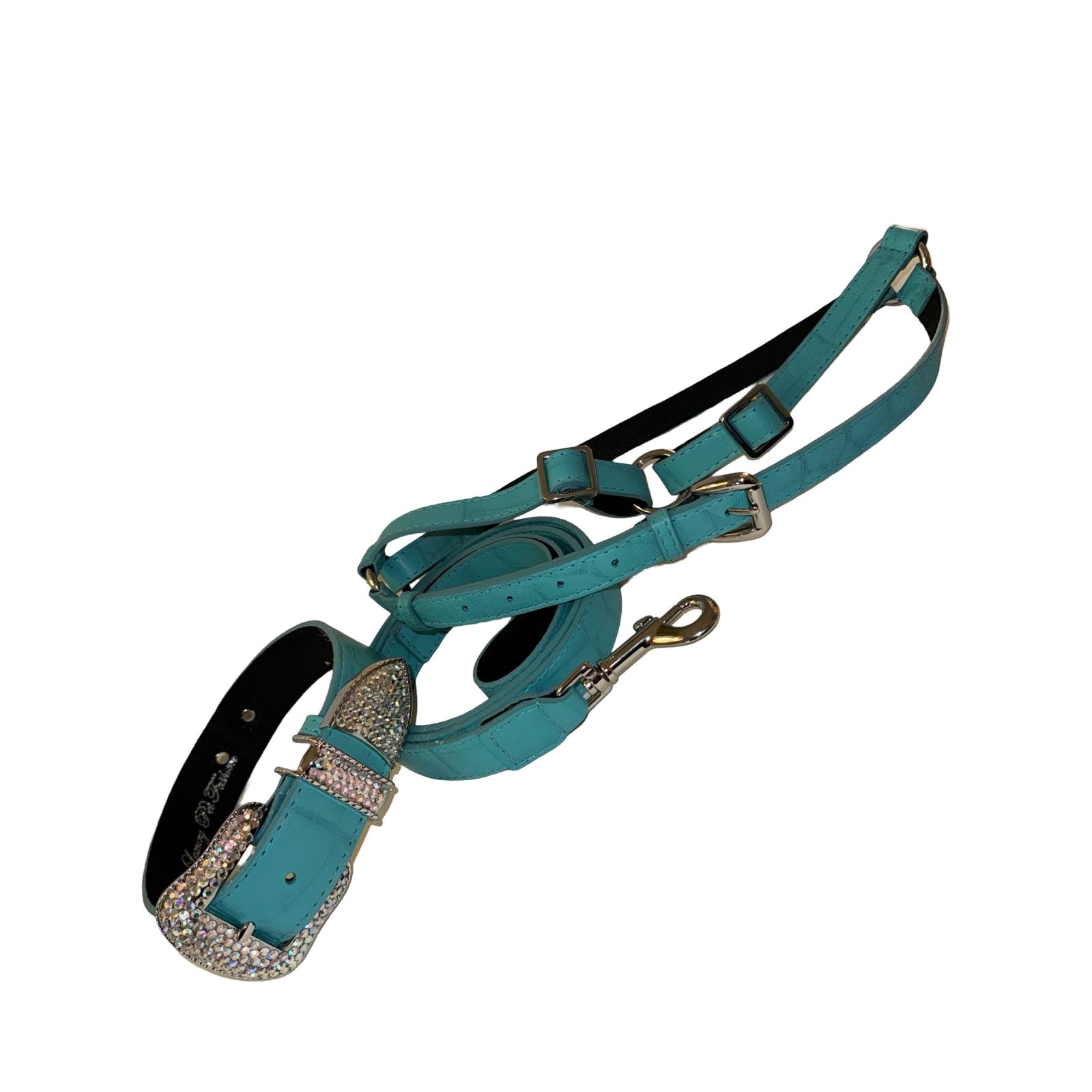Gorgeous turquoise blue embossed croc Italian leather dog collar, leash, and harness set with sparkling Swarovski crystal hardware