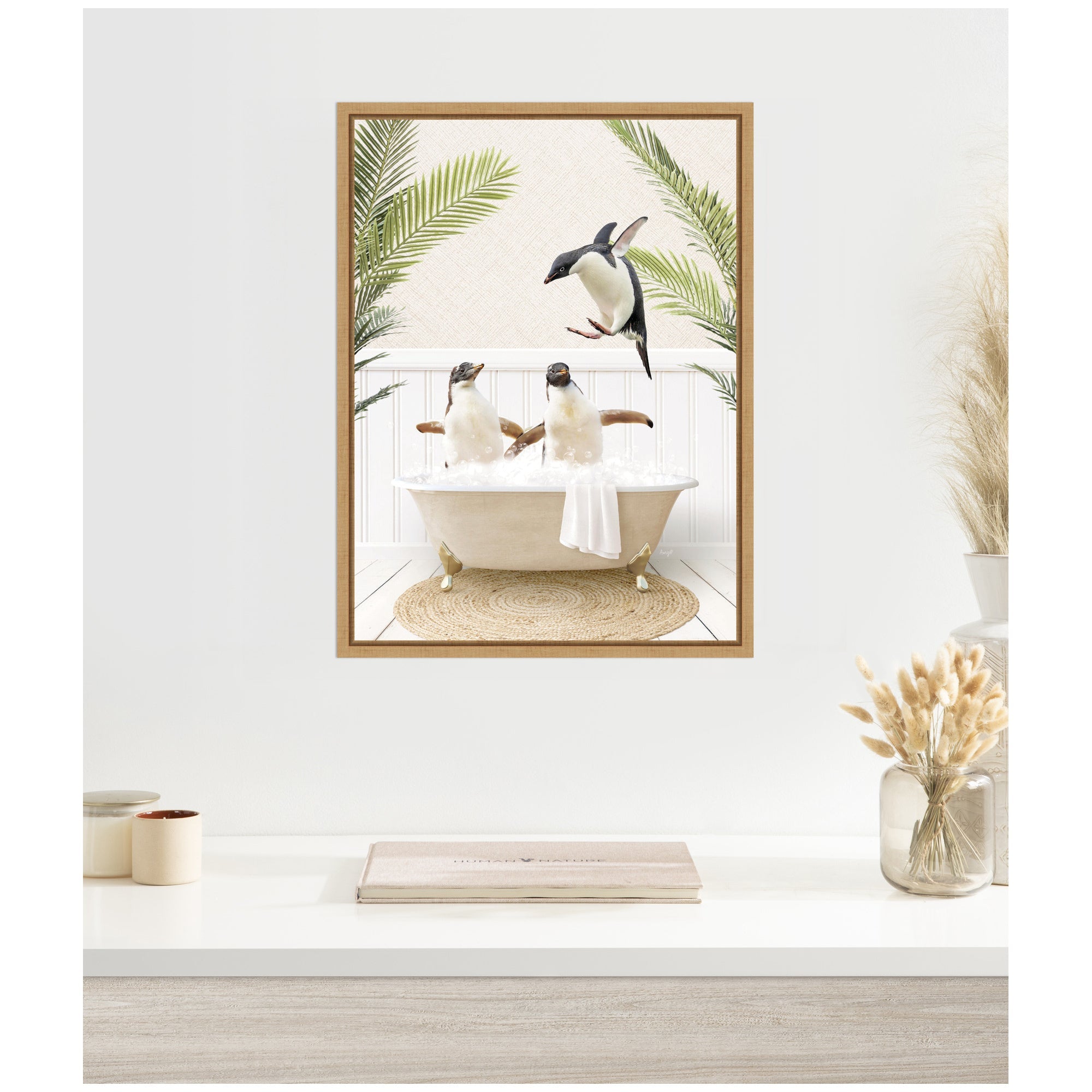 Sylvie Penguins in Palm Bathtub Framed Canvas by Amy Peterson