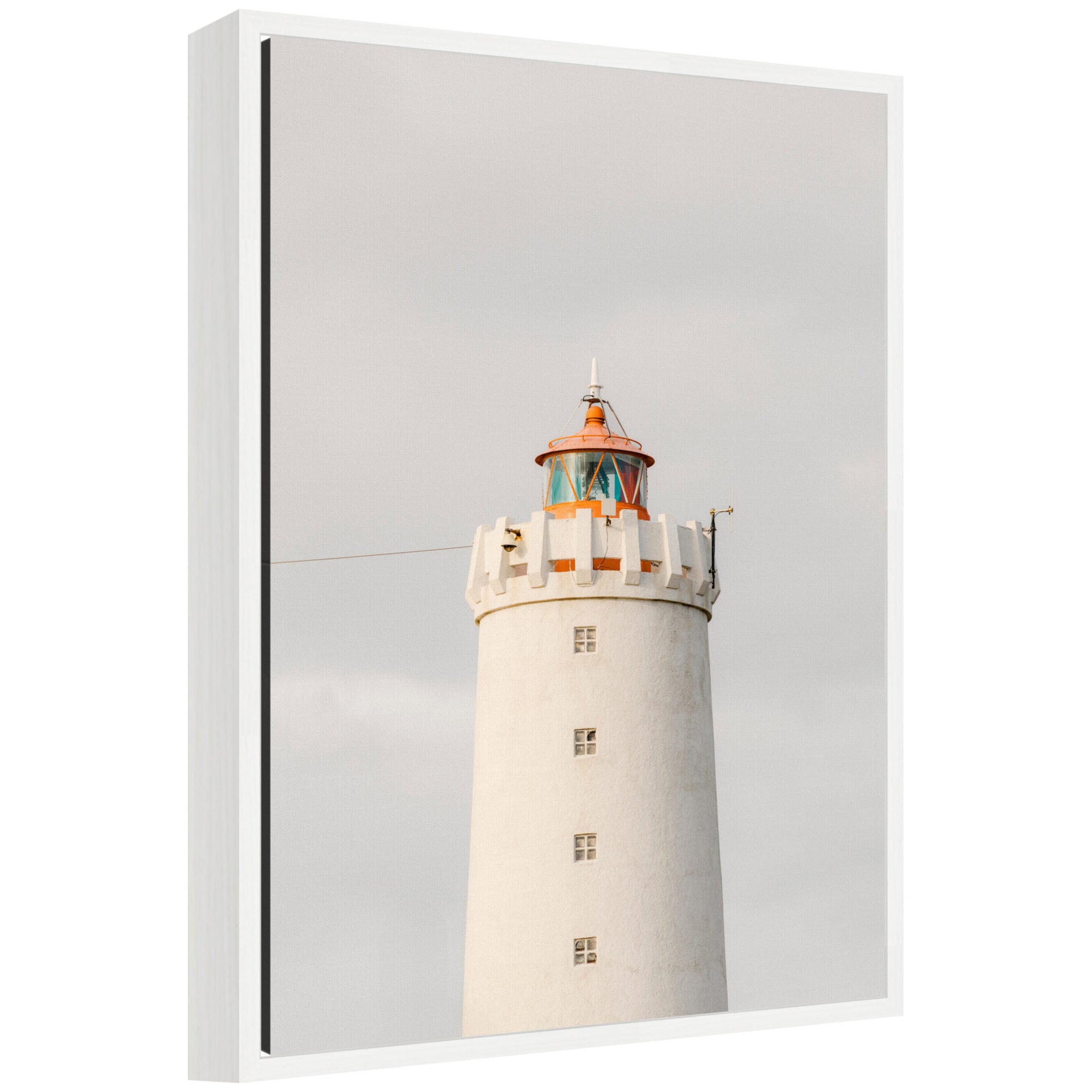 Framed canvas art of Grotta Lighthouse Iceland by Crystal Lynn Collins, showing a coastal lighthouse with rocky beach under a pastel sky.