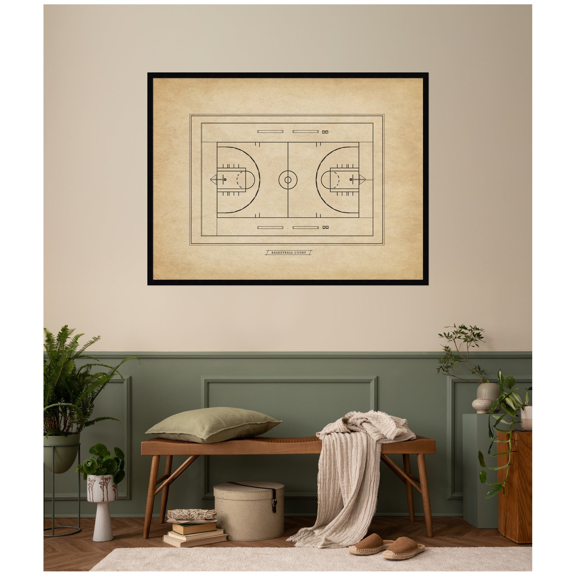 Vintage Sports Basketball Court Diagram Horizontal by The Creative Bunch Studio Framed Wall Art Print