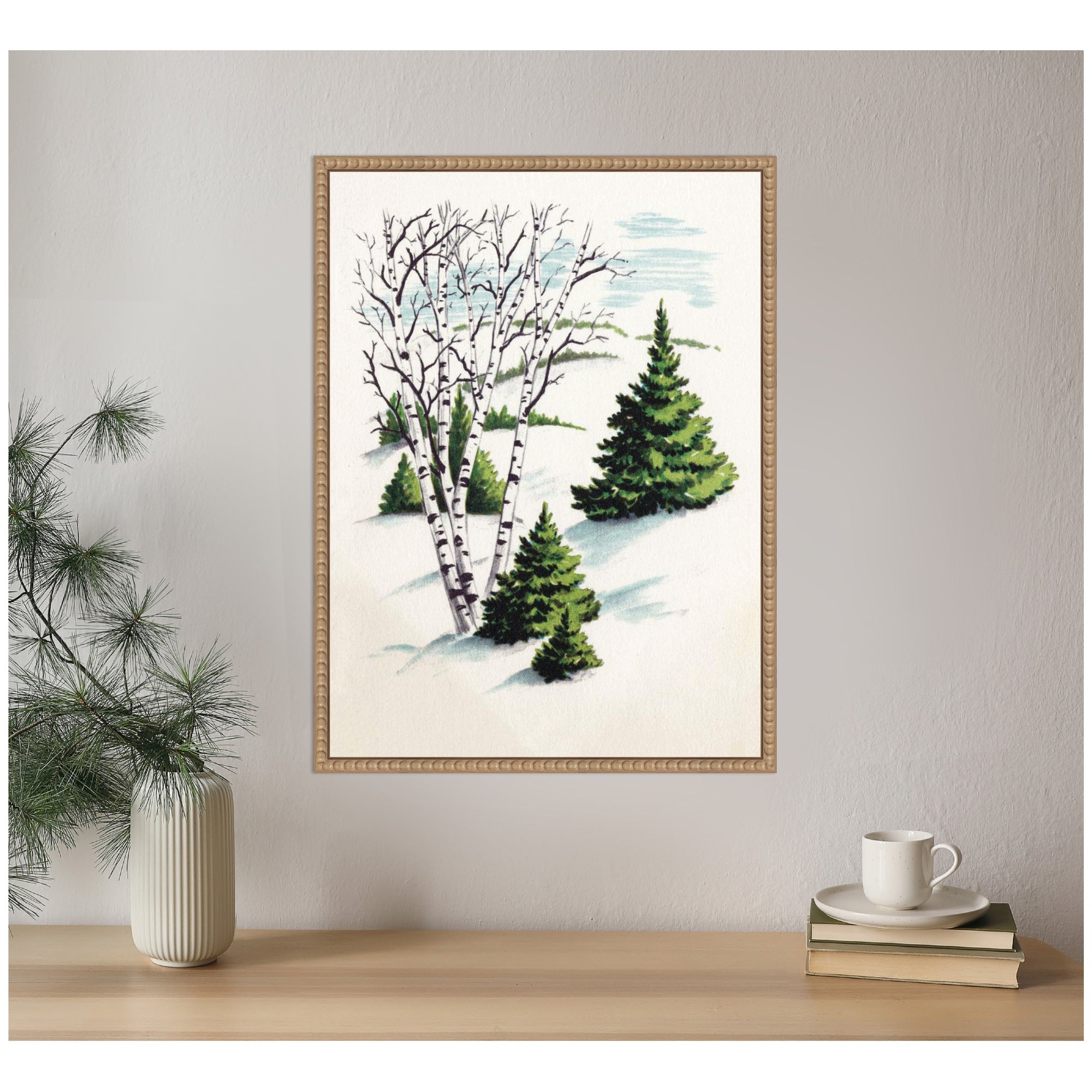 Sylvie Beaded Christmas Snowy Winter Fir Trees and Birch Trees Framed Canvas by Corinna Buchholz of Piddix