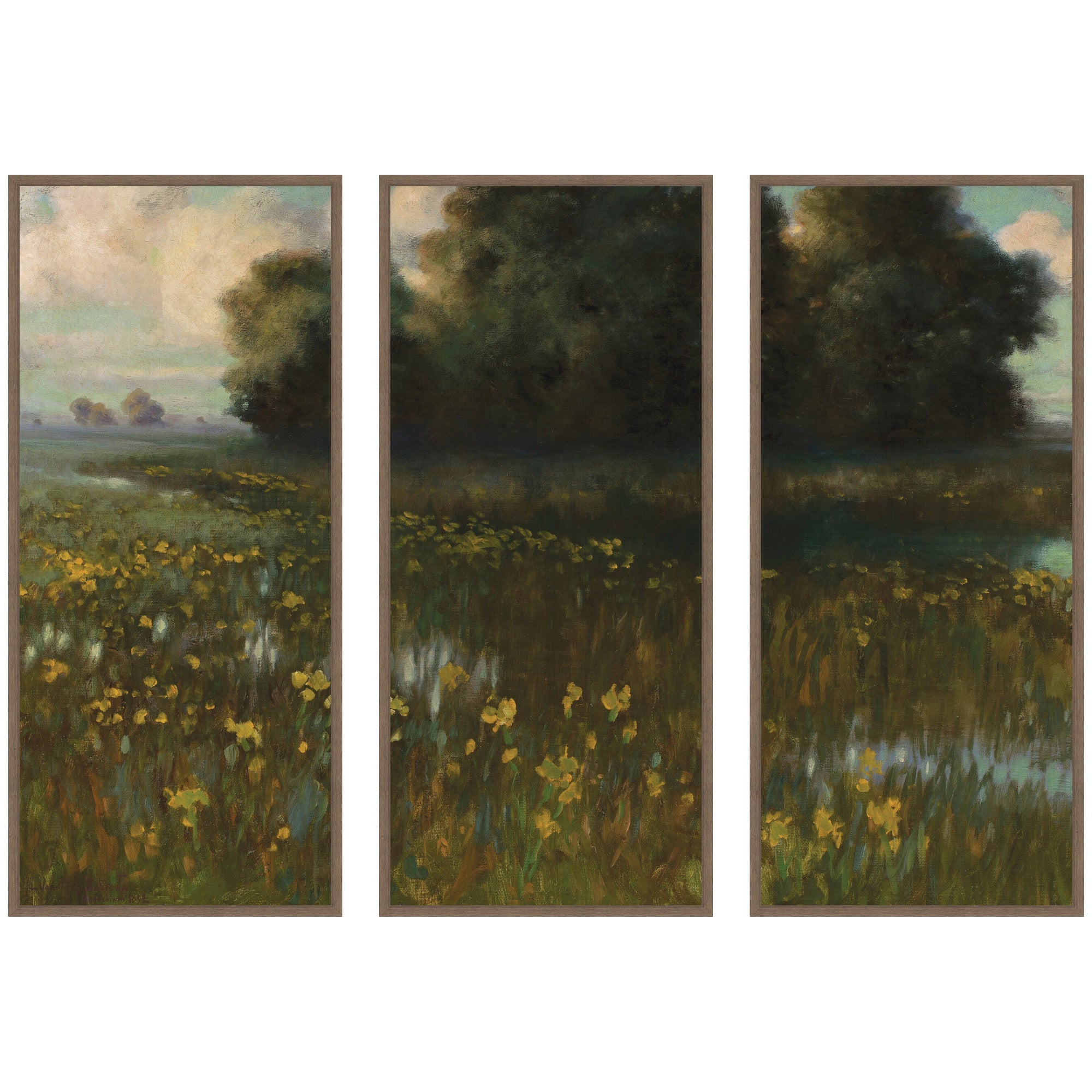 Cowslips in a Meadow Marshes 3 Piece Framed Canvas Wall Art Set showing floral botanical prints in walnut brown frames
