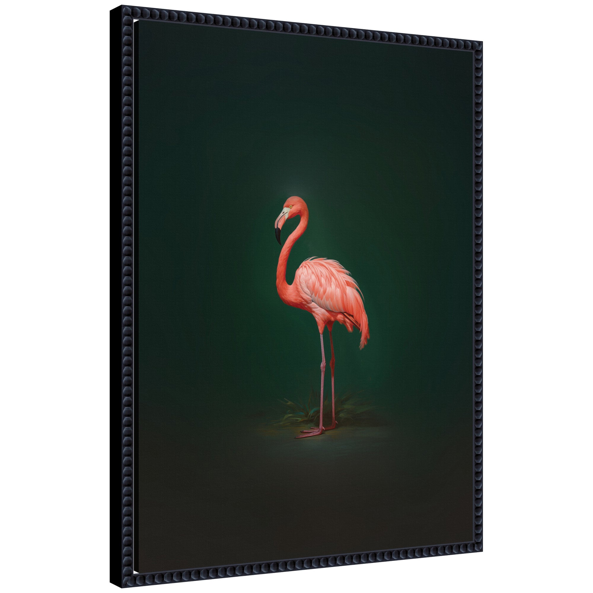 Framed canvas wall art depicting a pink flamingo standing against a rich green backdrop in a beaded black frame