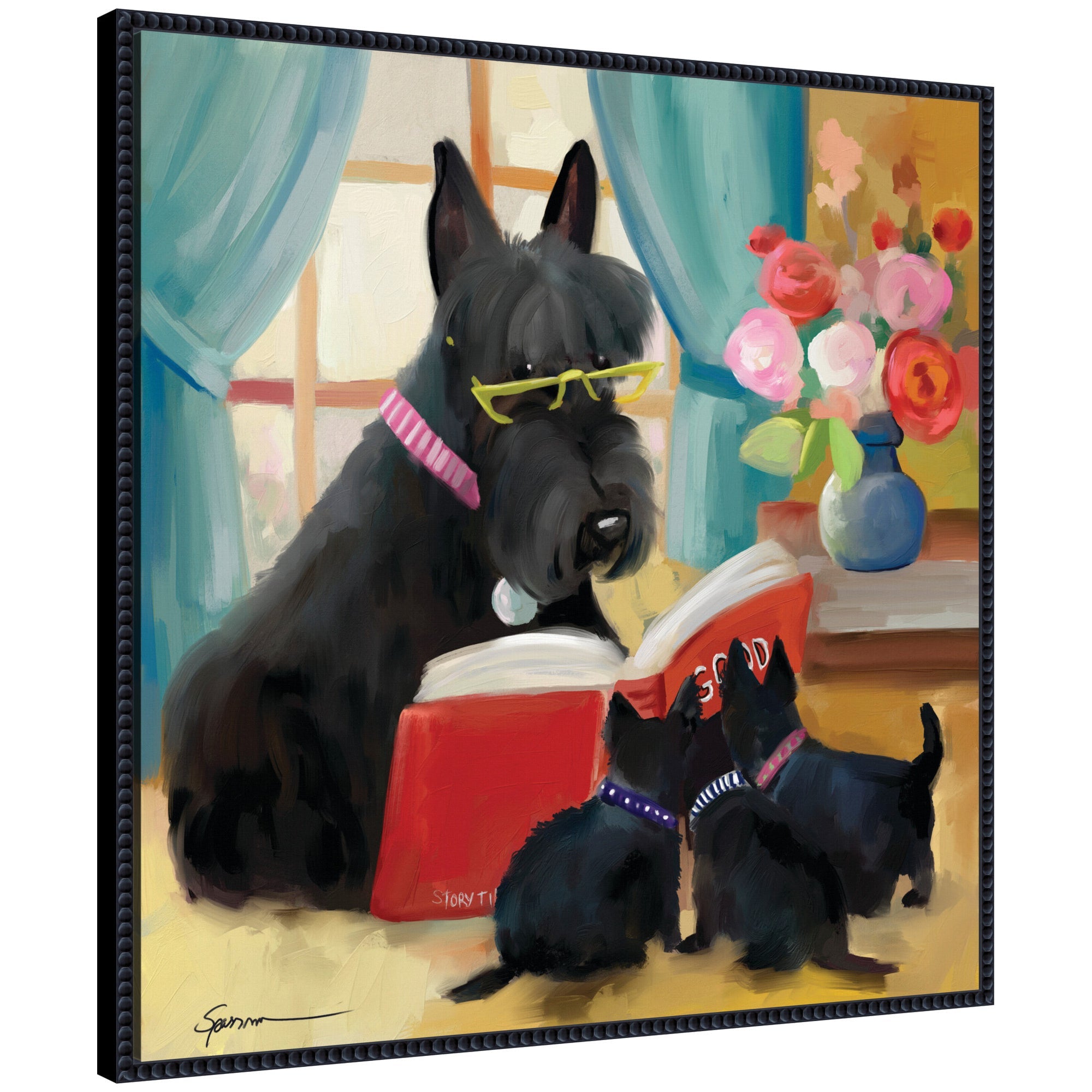 Sylvie Story Hour framed canvas art by Mary Sparrow showing animal figures on a gallery-wrapped canvas with a vintage beaded black frame.