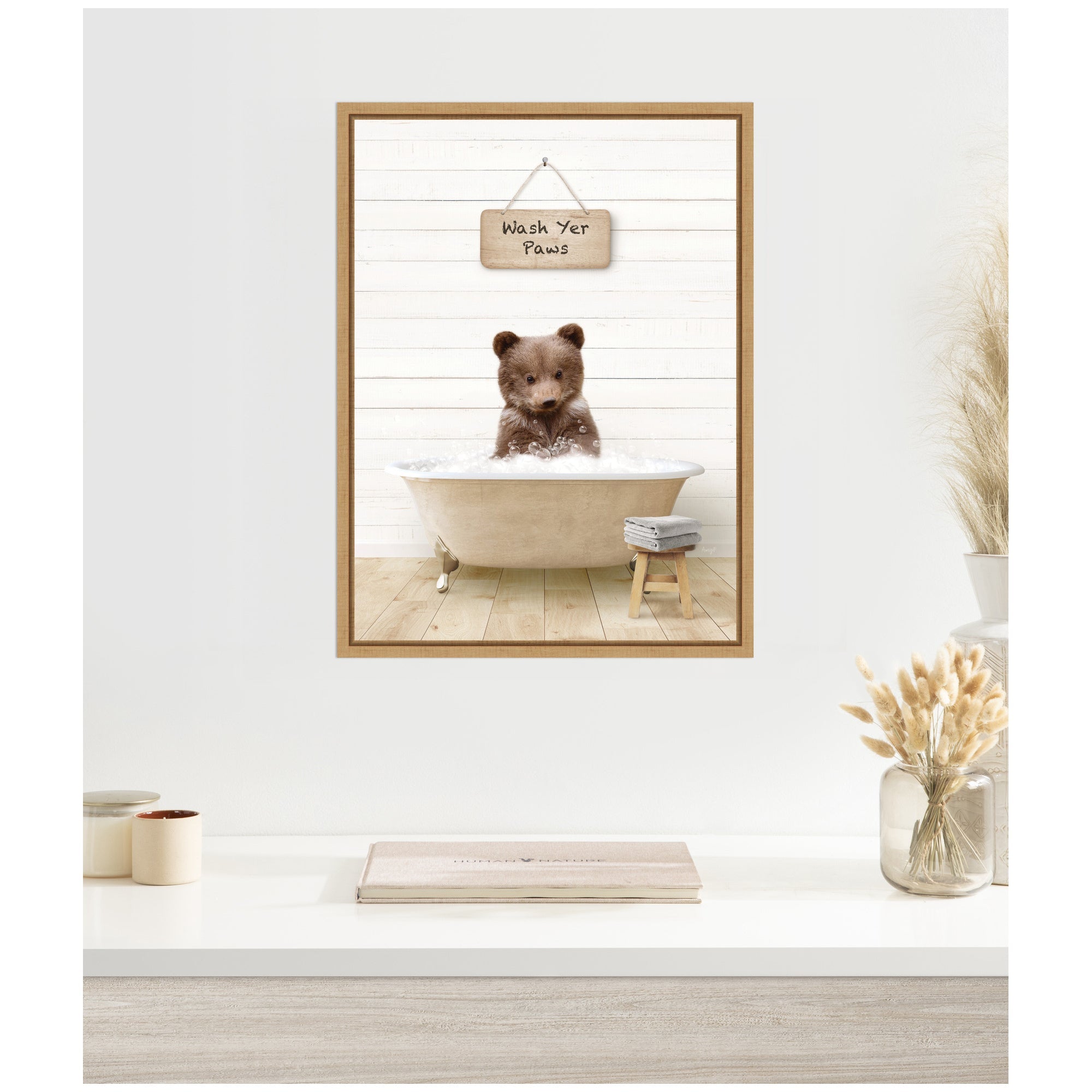 Sylvie Bear Cub in Modern Bathtub Wash Your Paws Framed Canvas
