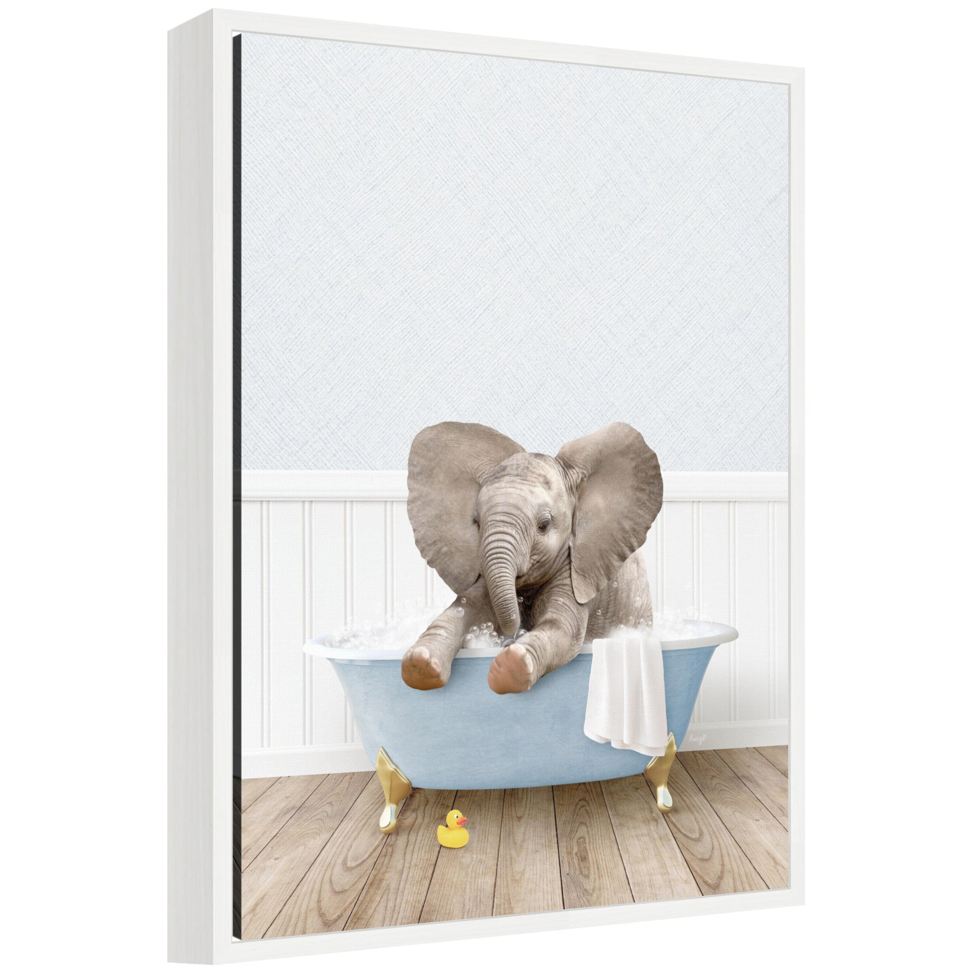 Sylvie Baby Elephant framed canvas art showing a baby elephant in a blue bathtub with a modern lightweight frame