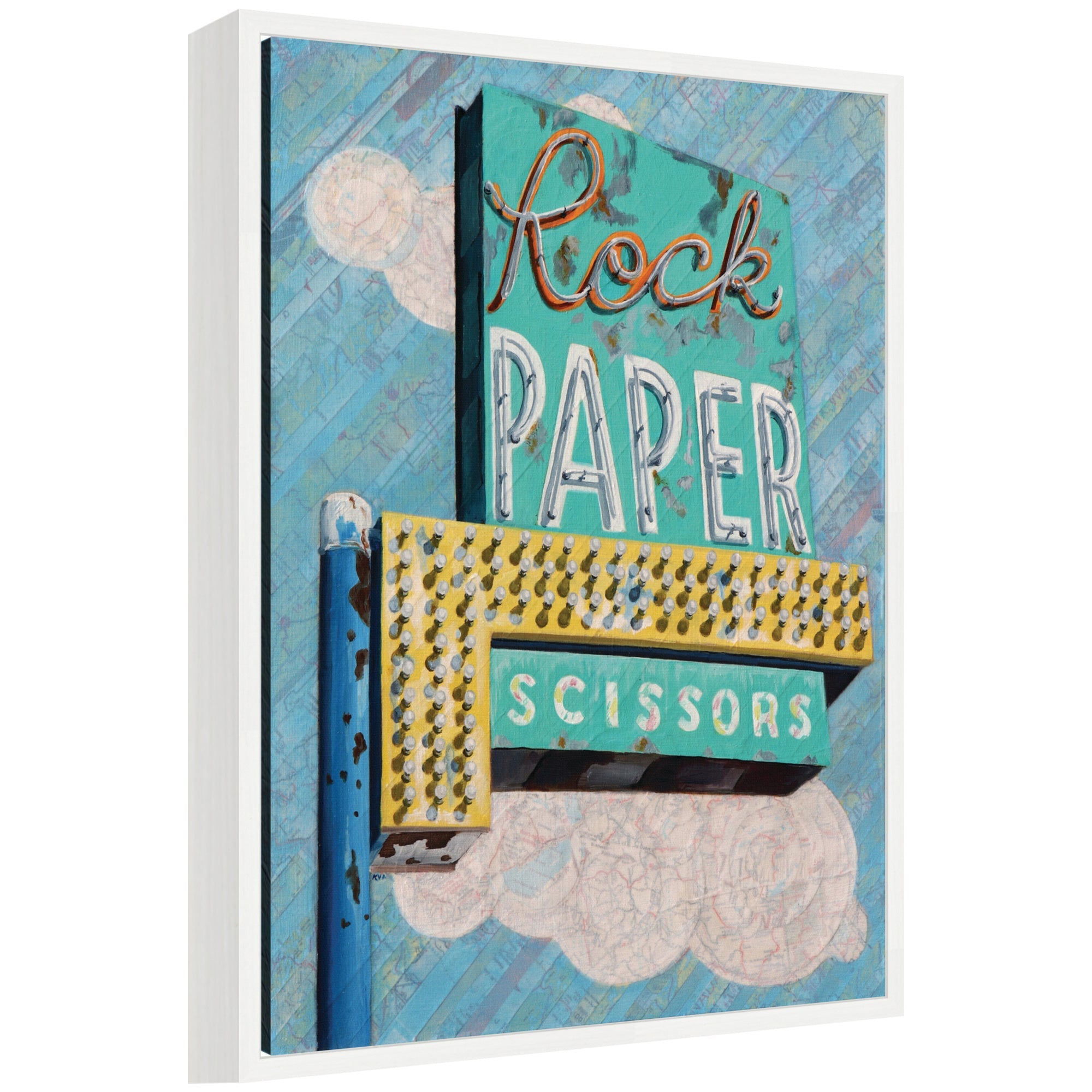 Rock Paper Scissors framed canvas wall art print by Krista V.
Allenstein showing a stylized depiction of rock, paper, and scissors hand gestures in a Sylvie white frame.