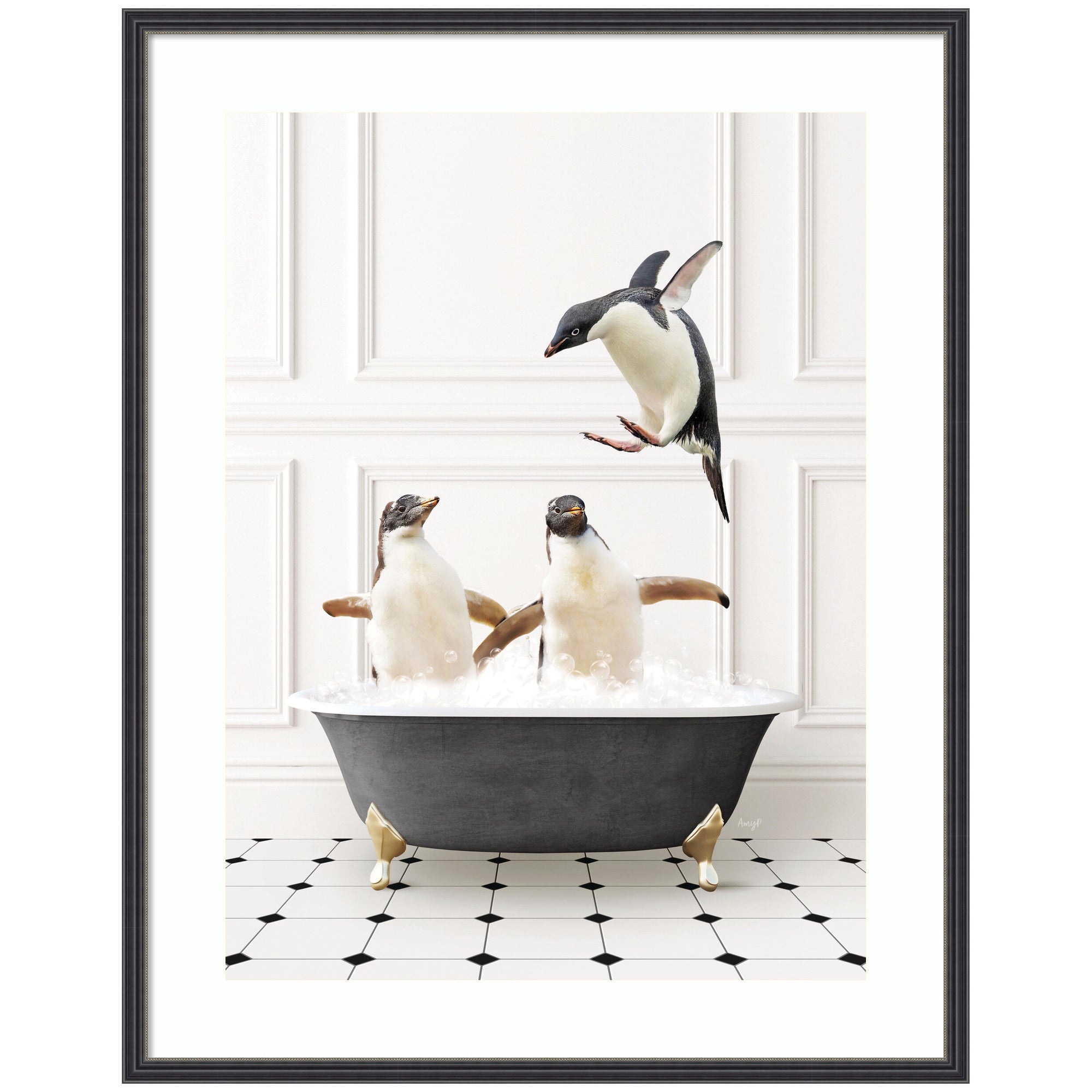 Penguins in Classic Black and White Bath by Amy Peterson Framed Wall Art Print