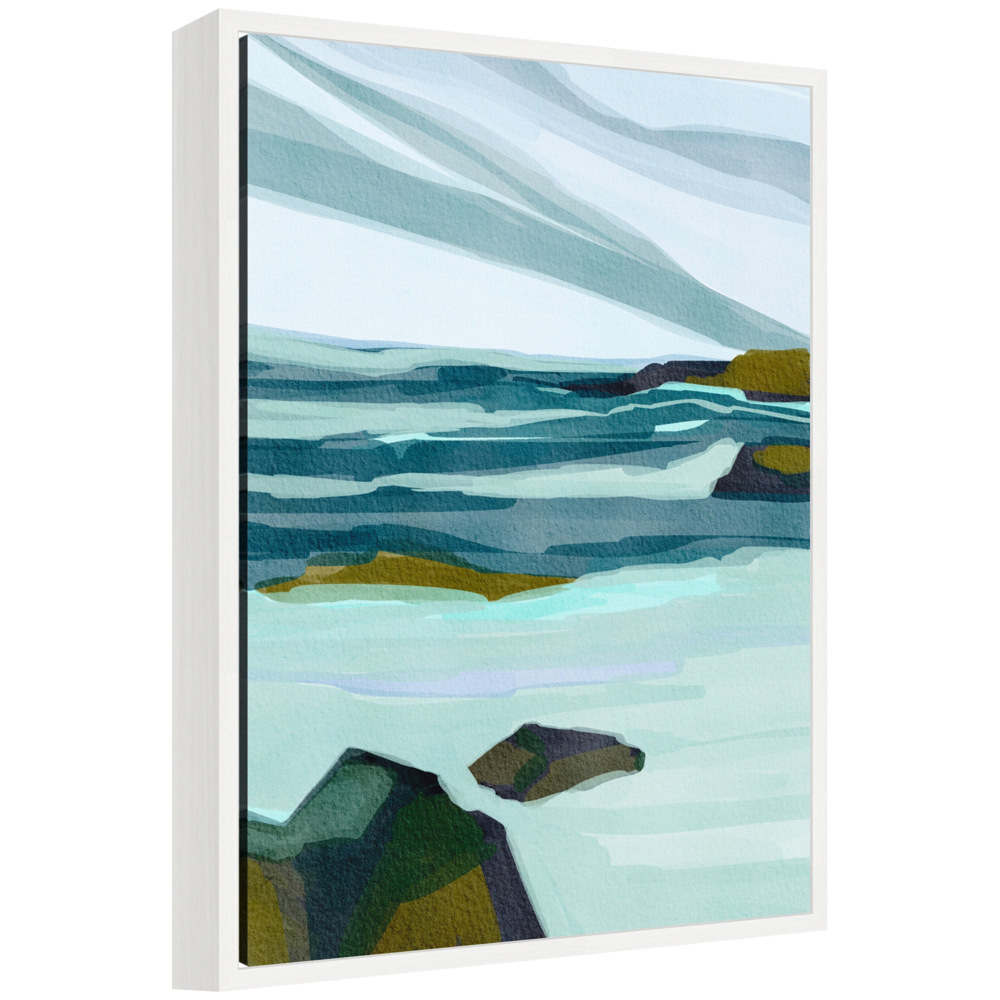Sylvie Ocean Breeze framed canvas by Nikita Jariwala showing a coastal abstraction in soft ocean tones