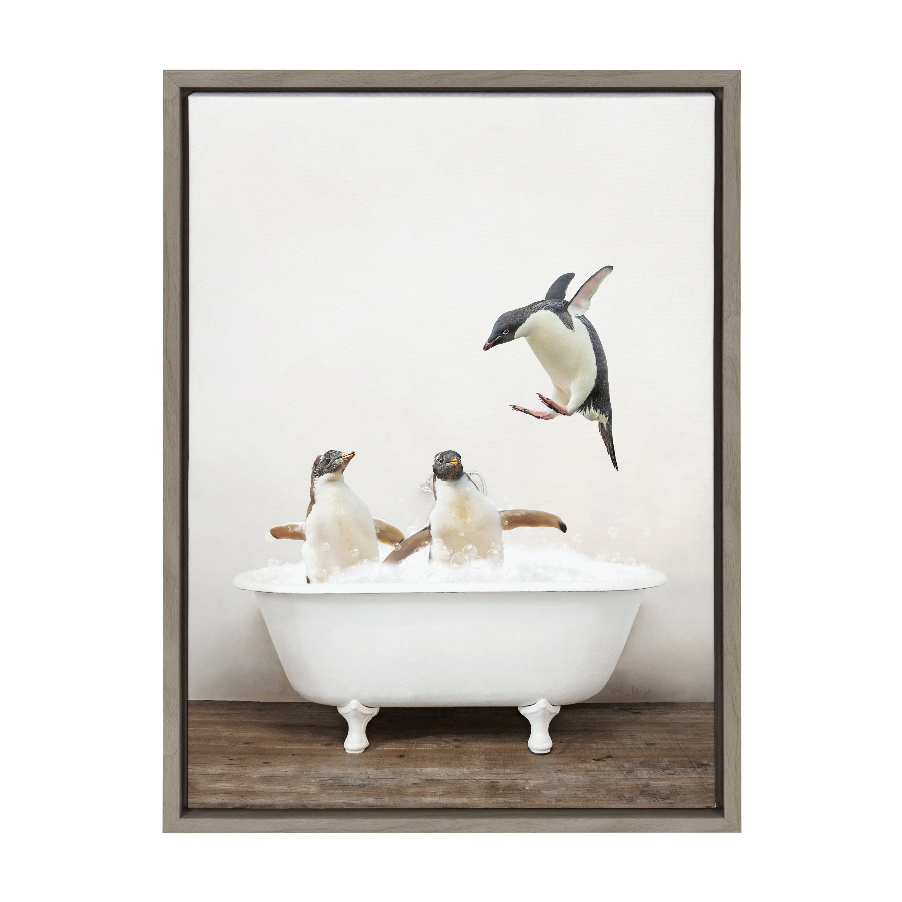 Sylvie Penguins Playing in Rustic Bath Framed Canvas