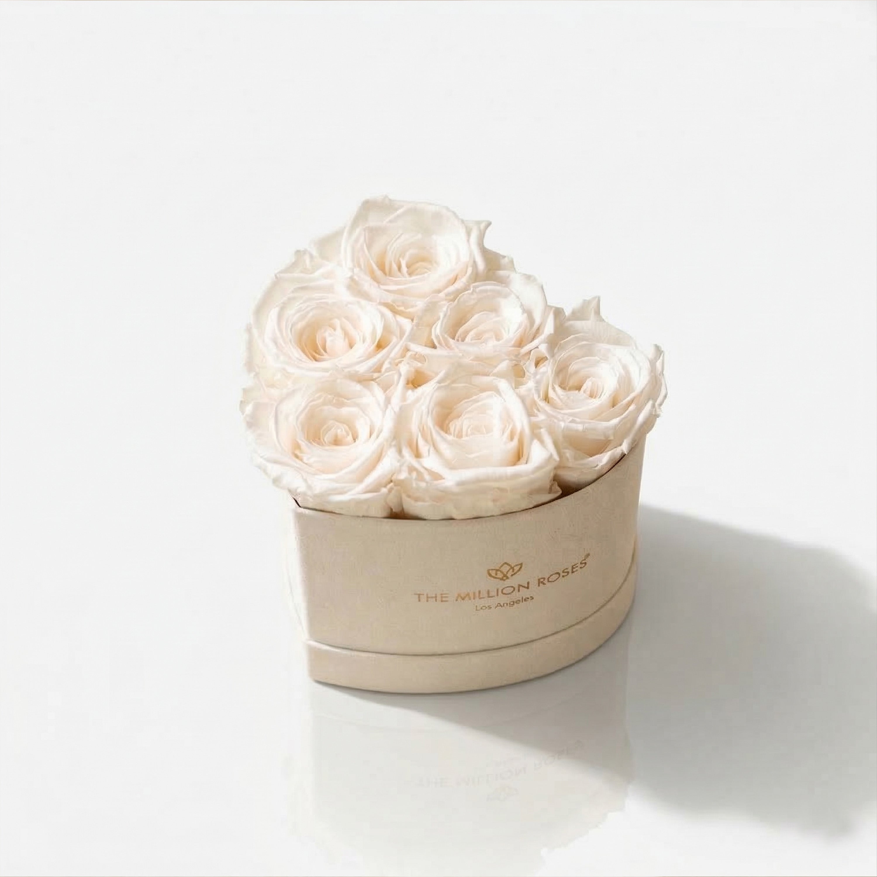 Baby Heart Beige Box containing 6 white roses arranged in a heart shape