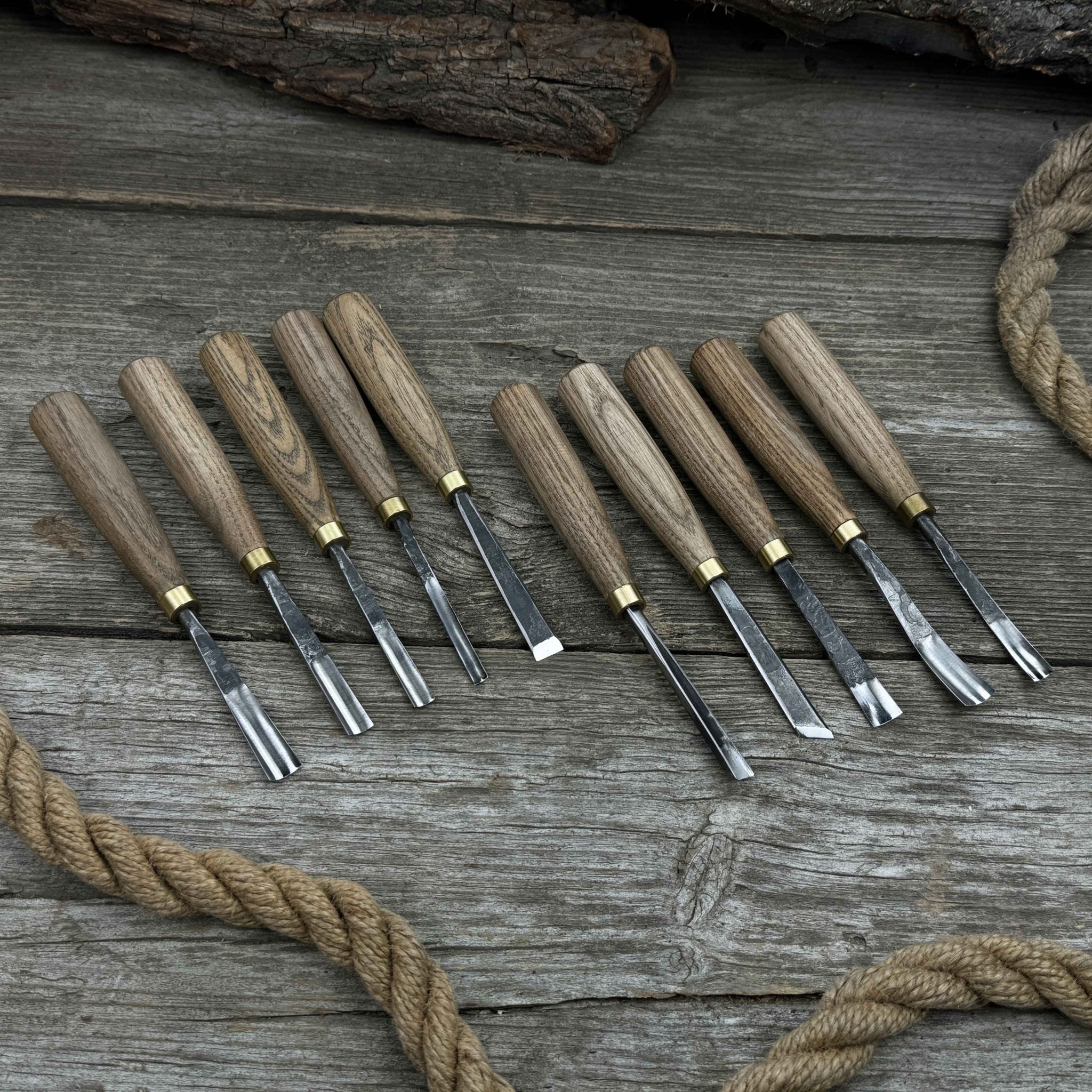 10-piece wood carving chisel and gouge set with ash wood handles and forged steel blades