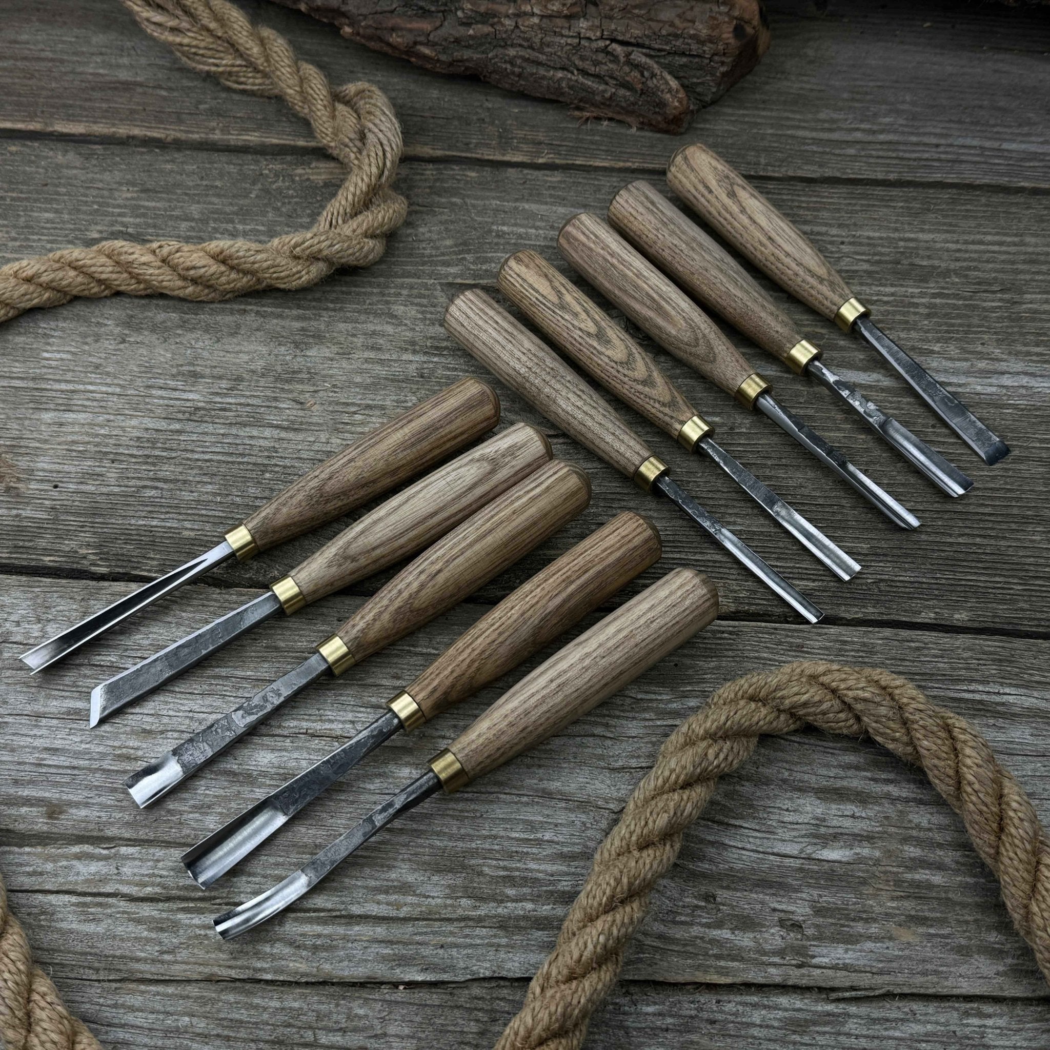 10-piece wood carving chisel and gouge set with ash wood handles and forged steel blades