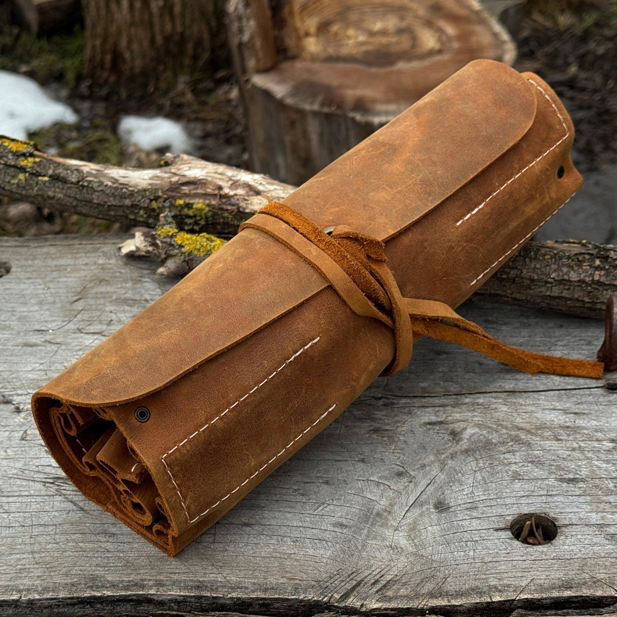 Handmade 10 Pocket Leather Tool Roll made from Crazy Horse leather by Sharky Forged Steel Tools