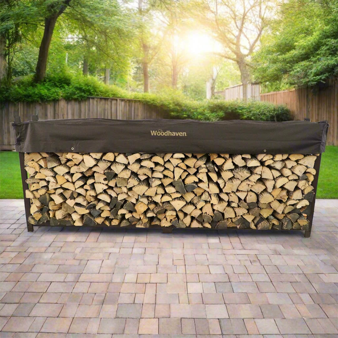 Woodhaven 10 ft Firewood Rack holding stacked firewood outdoors