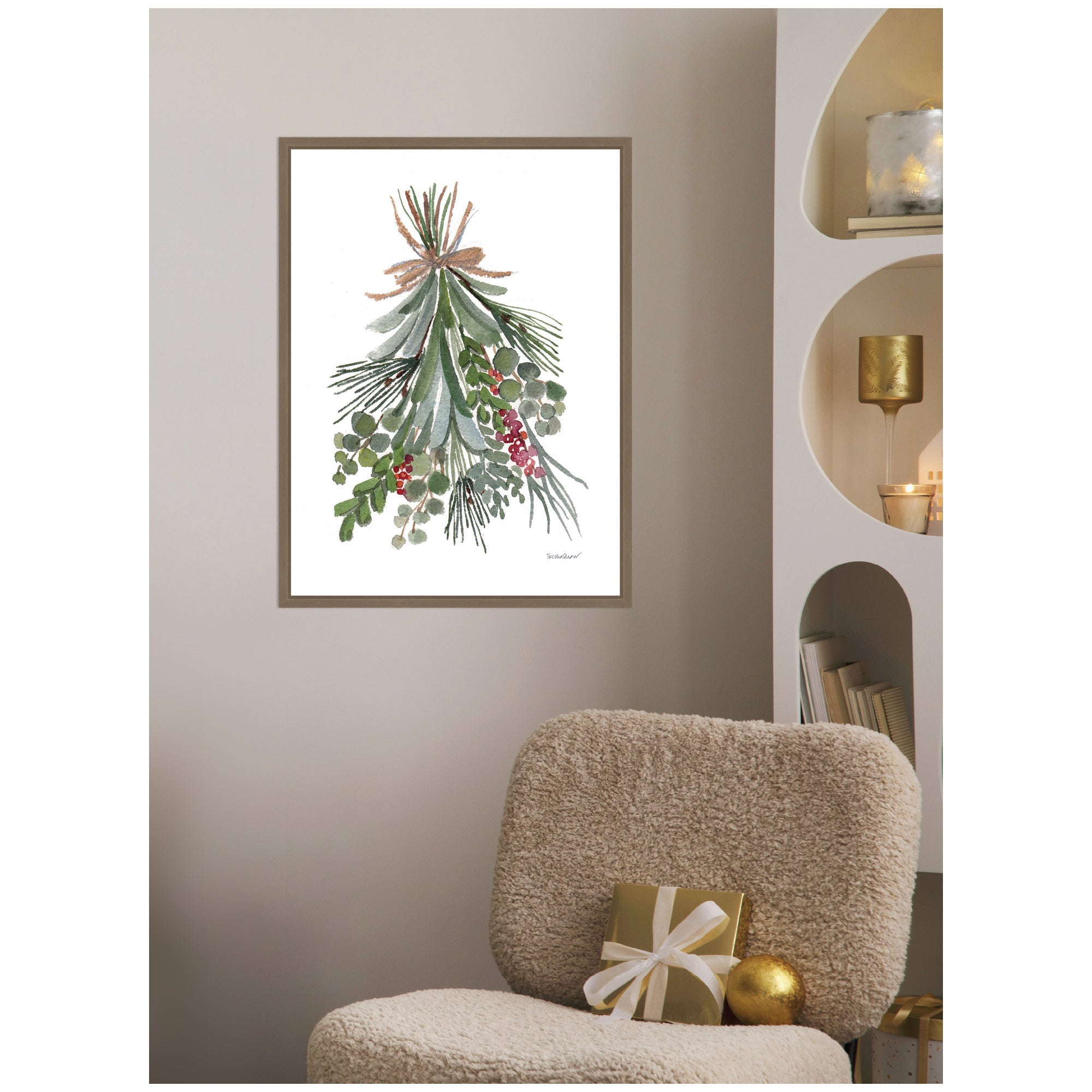 Sylvie Framed Canvas Mixed Greens Holiday Swag by Patricia Shaw