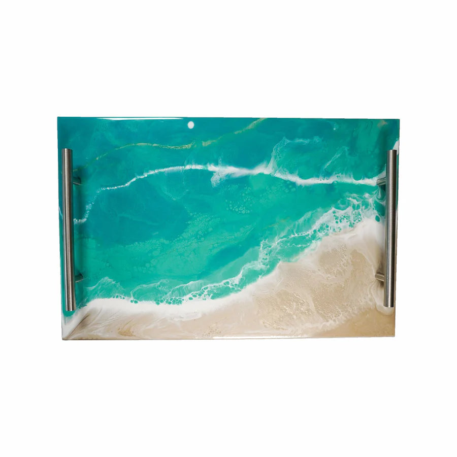 Marble-patterned Acrylic Resin Serving Tray with ocean wave design on a white background