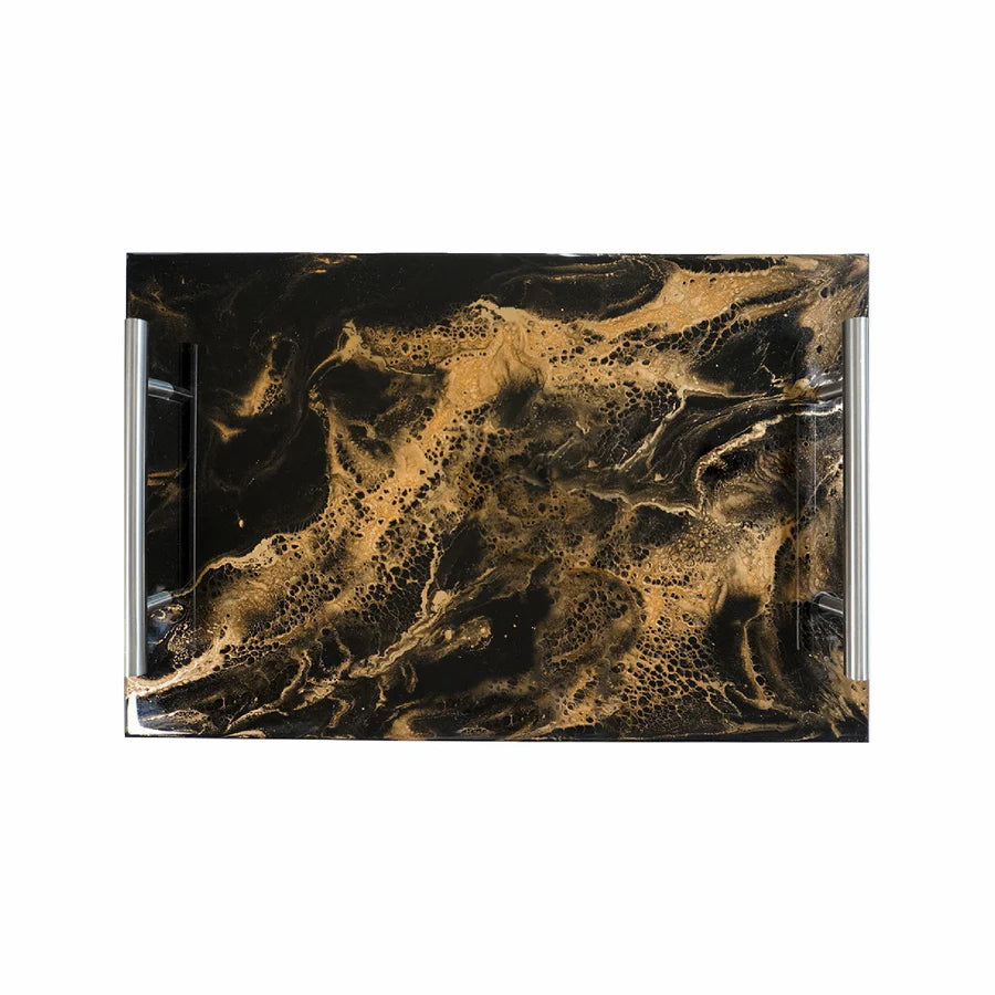 Acrylic Resin Serving Tray panel with gold and black marbled pattern