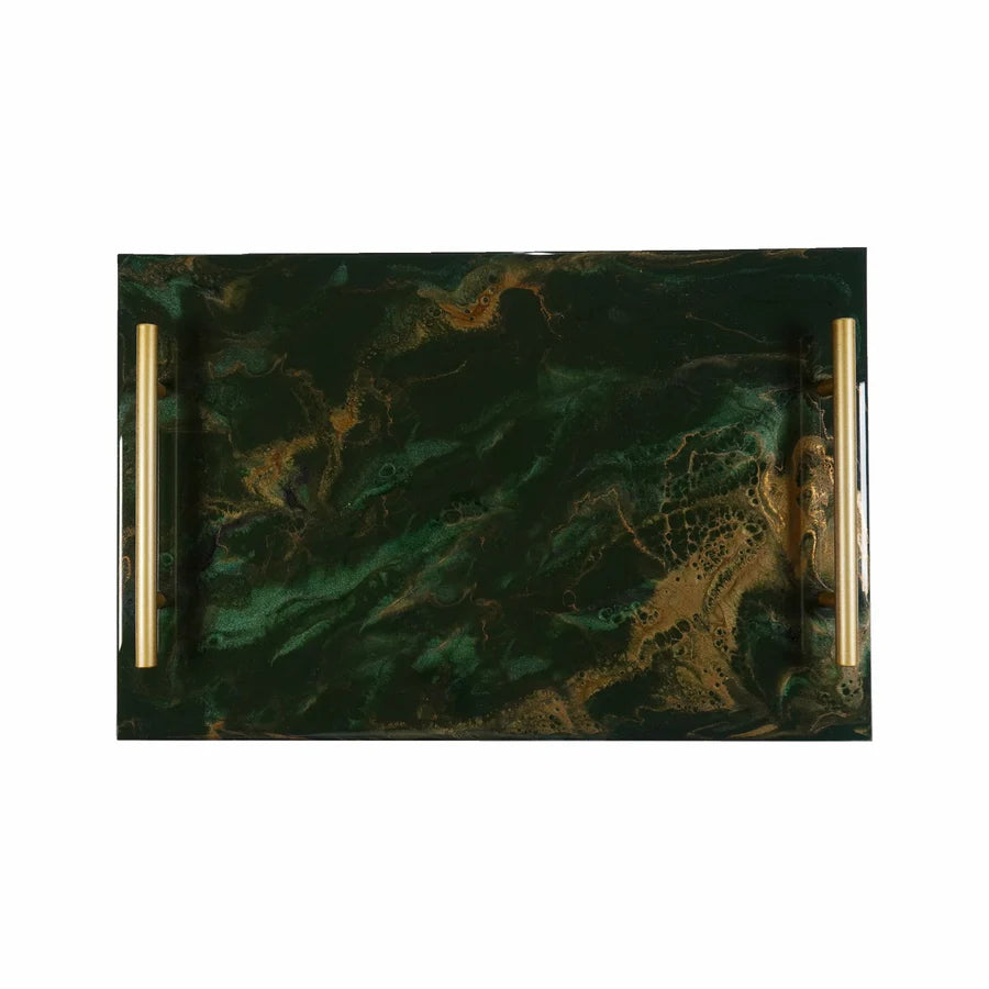 Marble-patterned Acrylic Resin Serving Tray with gold accents on a white background