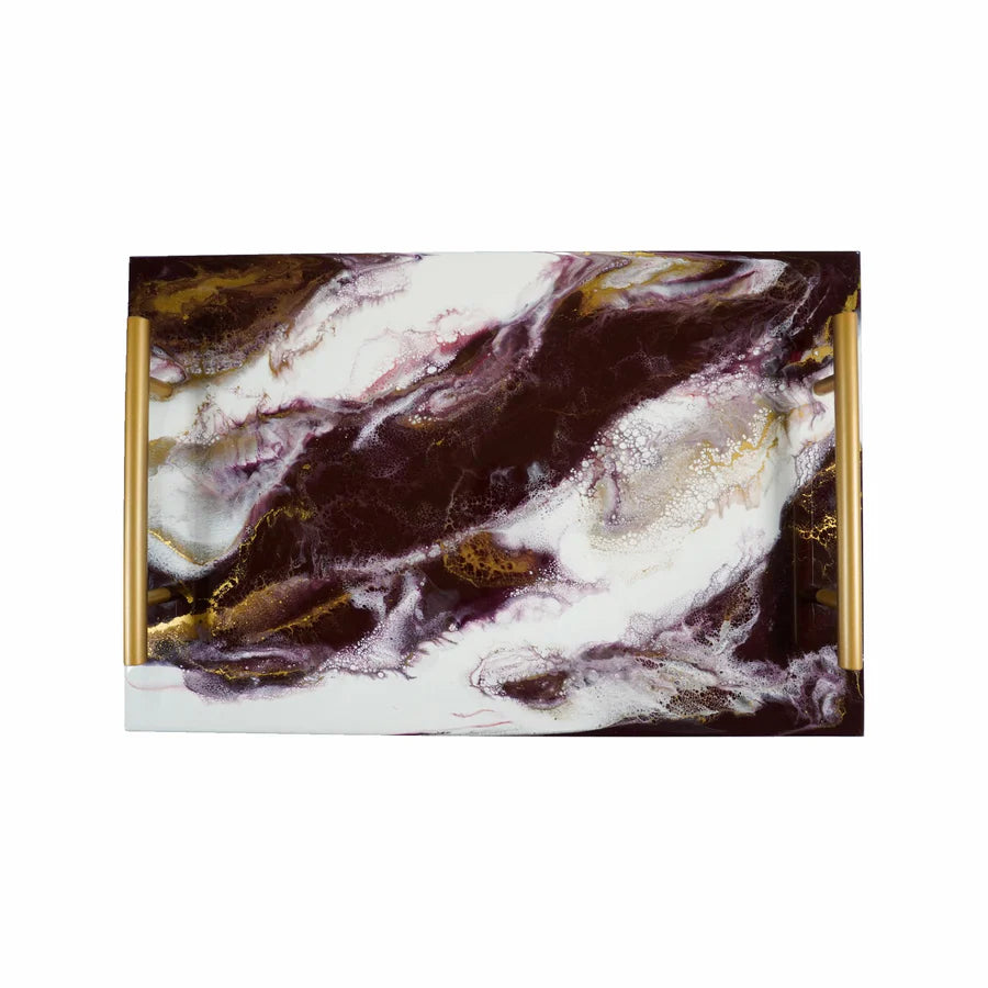 Marbled Acrylic Resin Serving Tray with gold and white on a white background