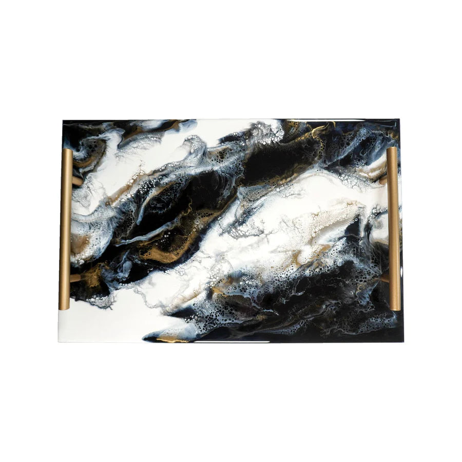 Abstract Acrylic Resin Serving Tray with black, white, and gold colors on a white background