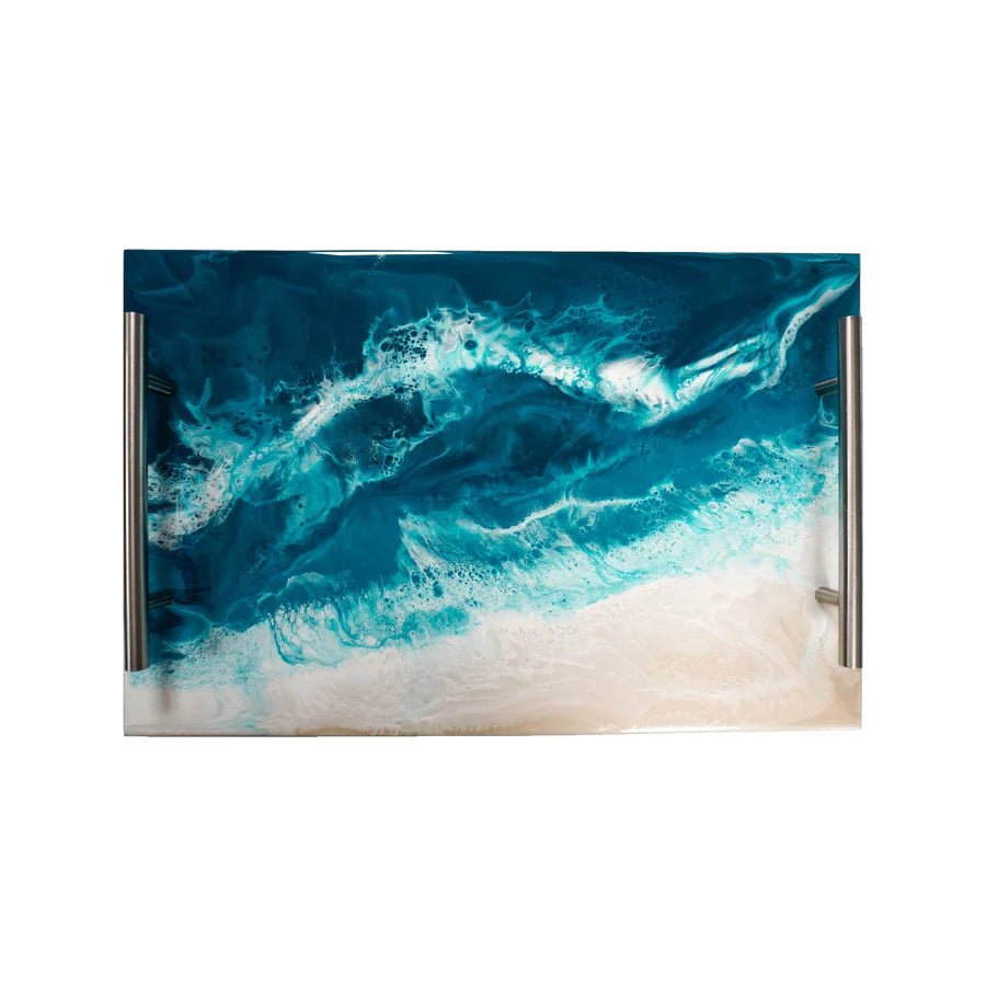 Acrylic Resin Serving Tray with blue and white abstract design