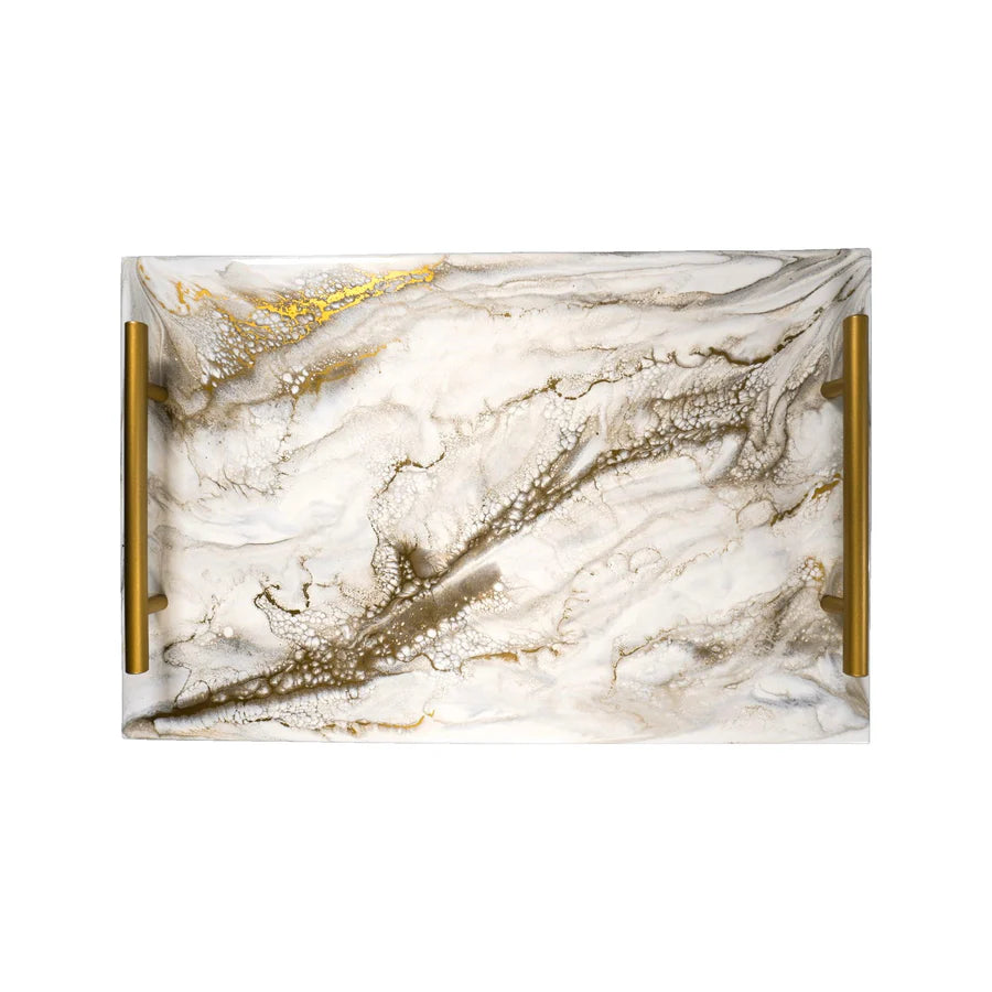 Marble Acrylic Resin Serving Tray with gold accents on a white background