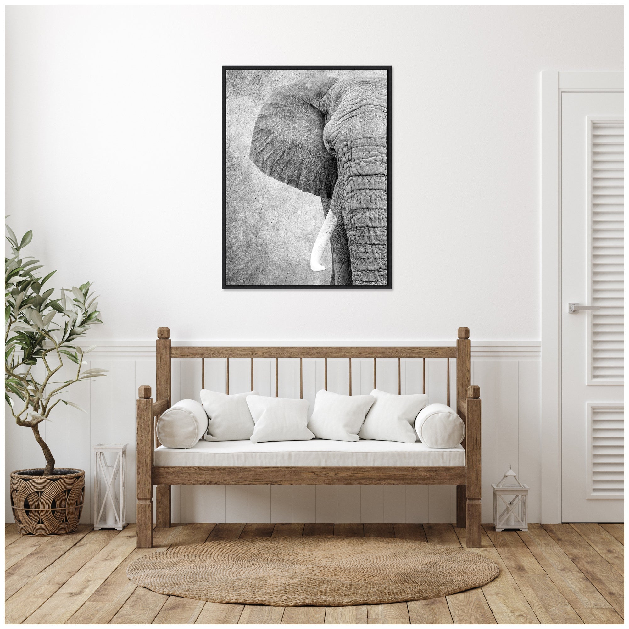 Sylvie Black and White Minimalist Safari Elephant Framed Canvas by kateandlaurel - product image 6 for Resin Society