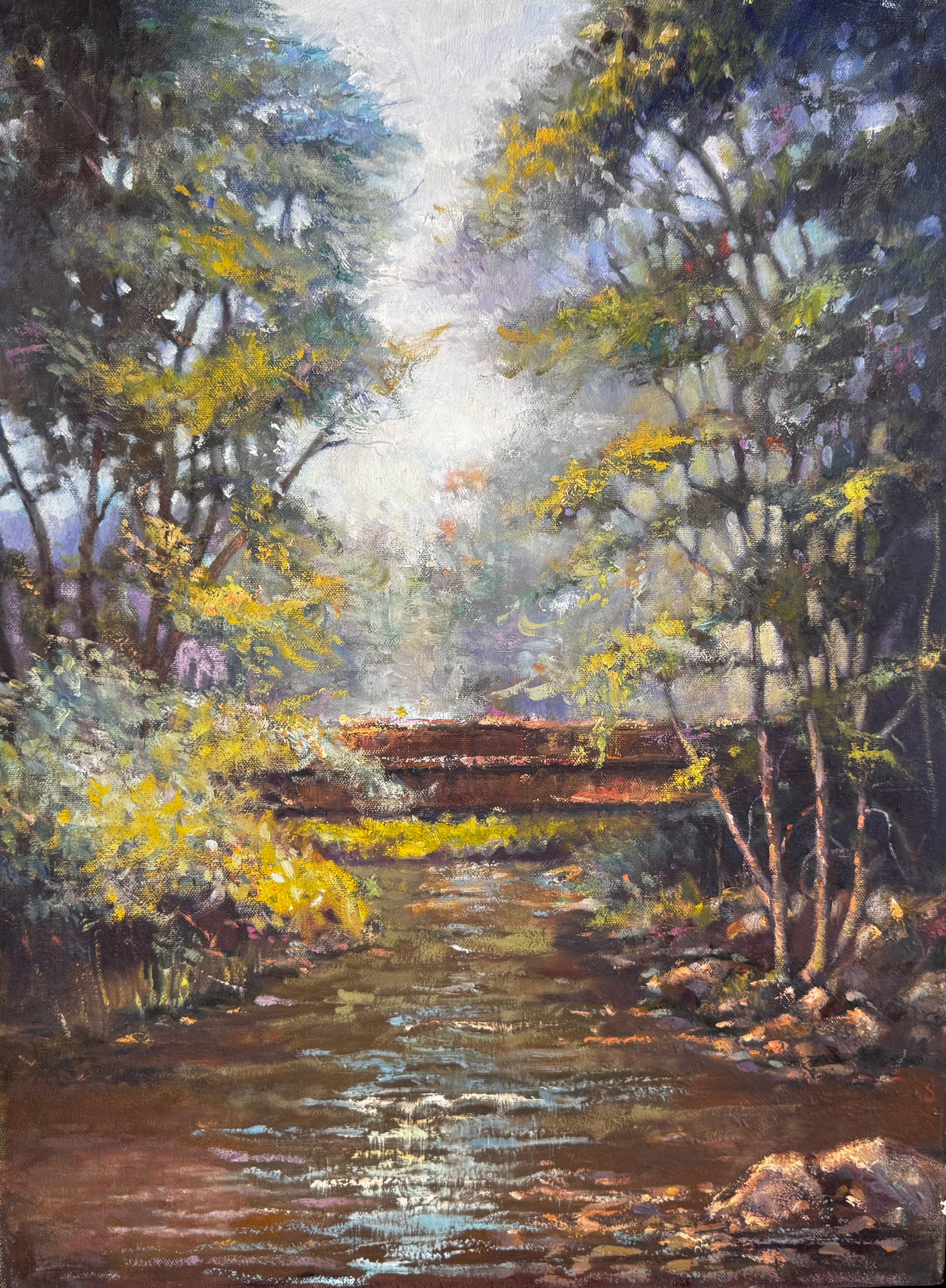 Framed canvas artwork titled 'One Hundred and Twenty Nine' by John Beard, displayed in gold float frame, featuring plein air painting style