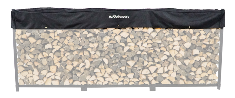 Woodhaven Short Firewood Rack Seasoning Cover in black on a firewood rack