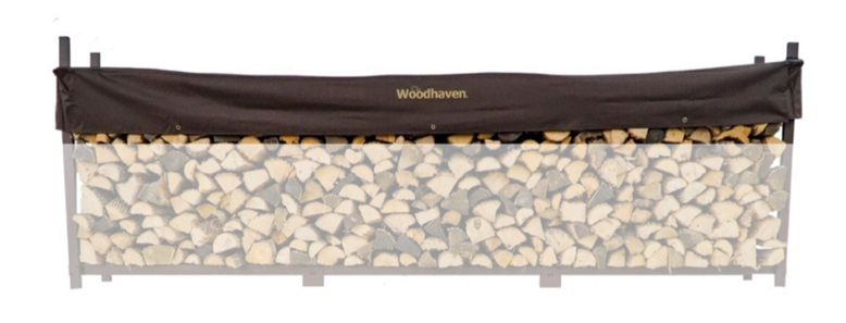 Woodhaven Short Firewood Rack Seasoning Cover in black on a firewood rack
