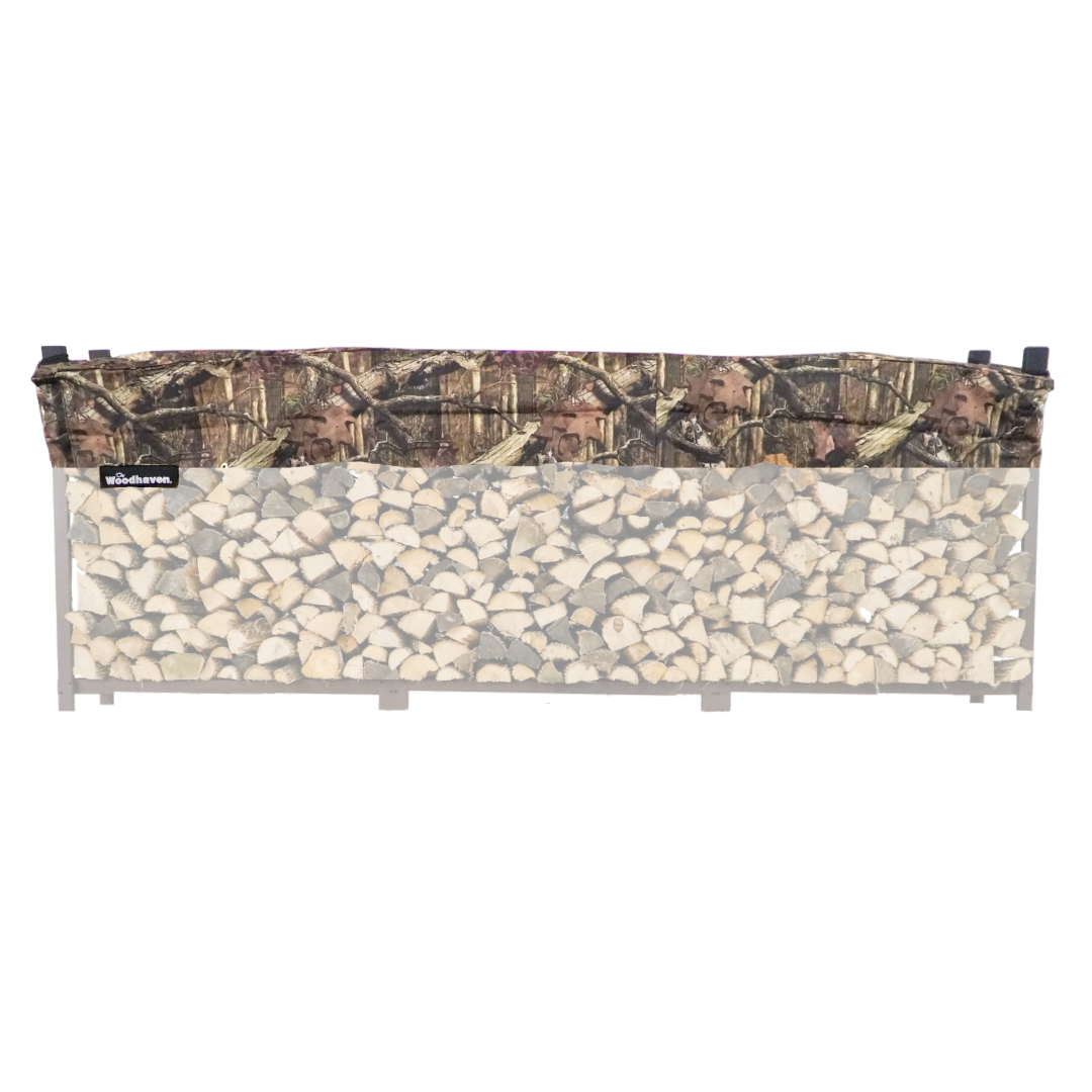 Woodhaven Short Firewood Rack Seasoning Cover in black on a firewood rack