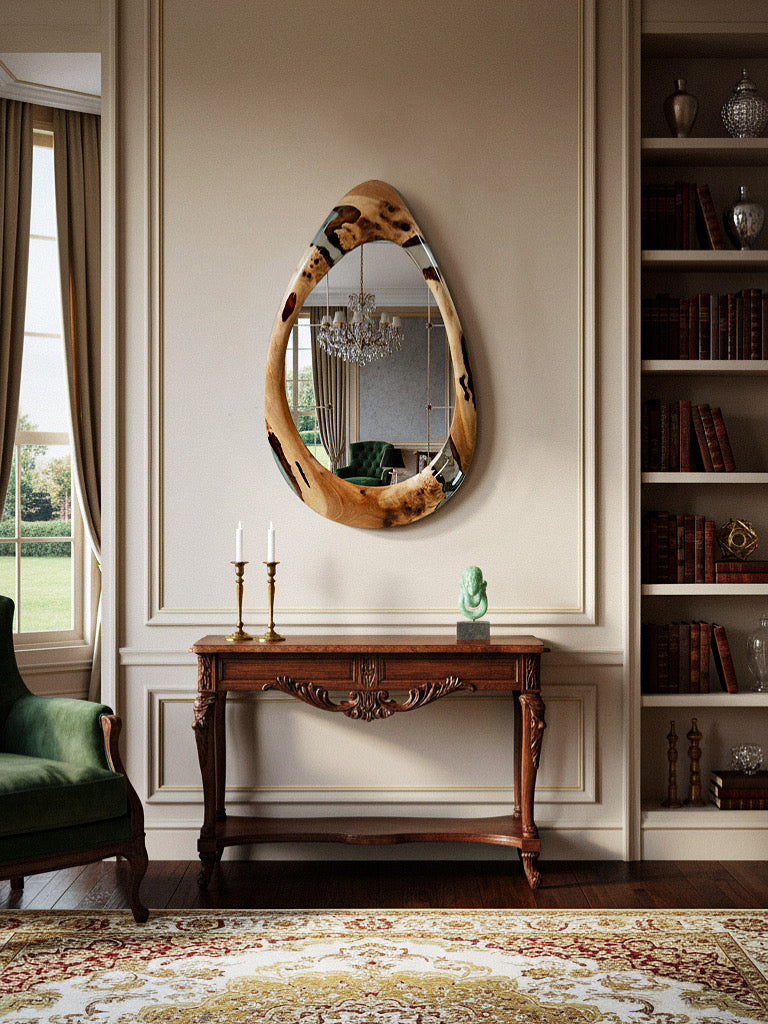 Handcrafted epoxy resin and walnut mirrors in round and teardrop shapes