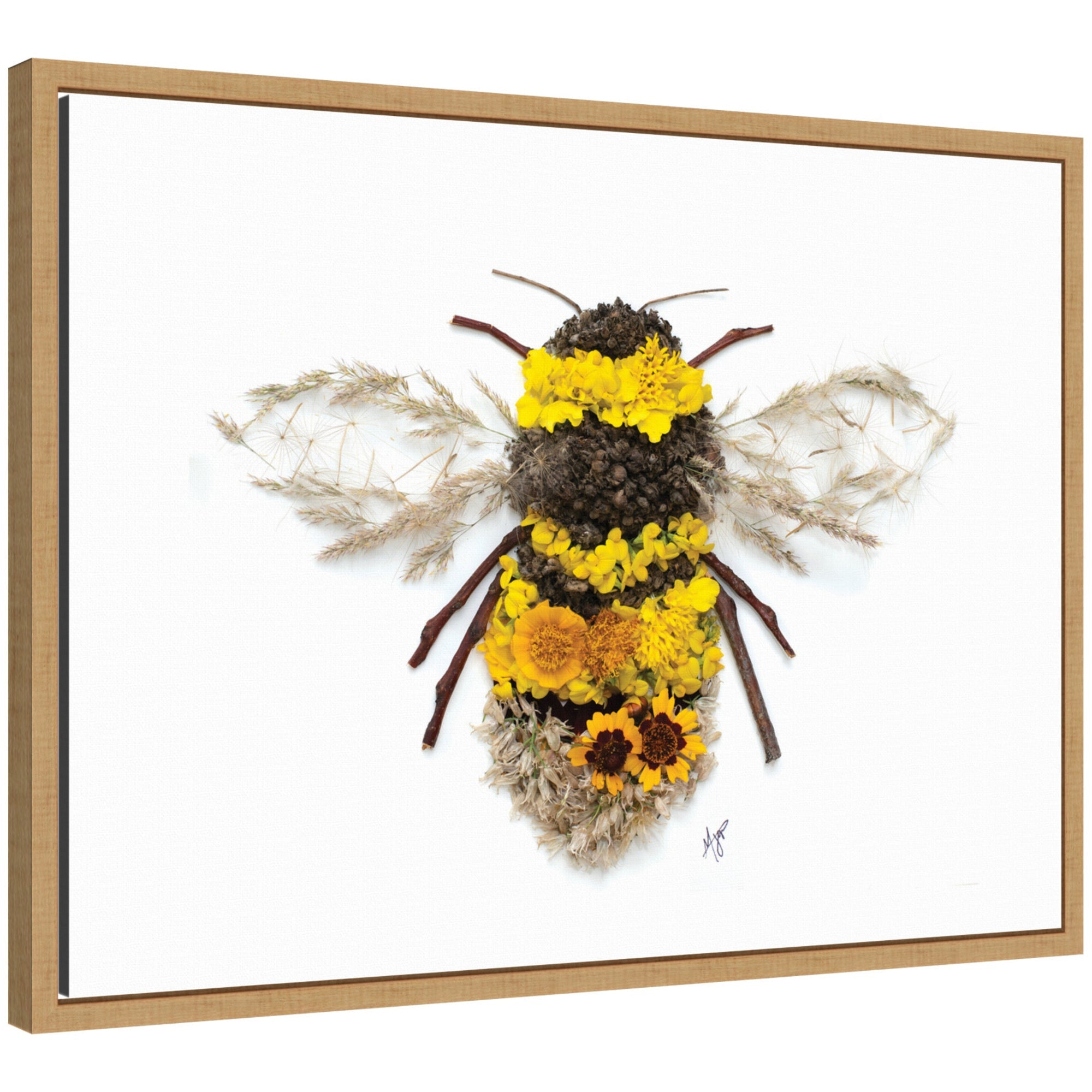 Bumble Bee framed canvas wall art print by Madeline Jeppesen in Sylvie Walnut frame hanging on a beige wall