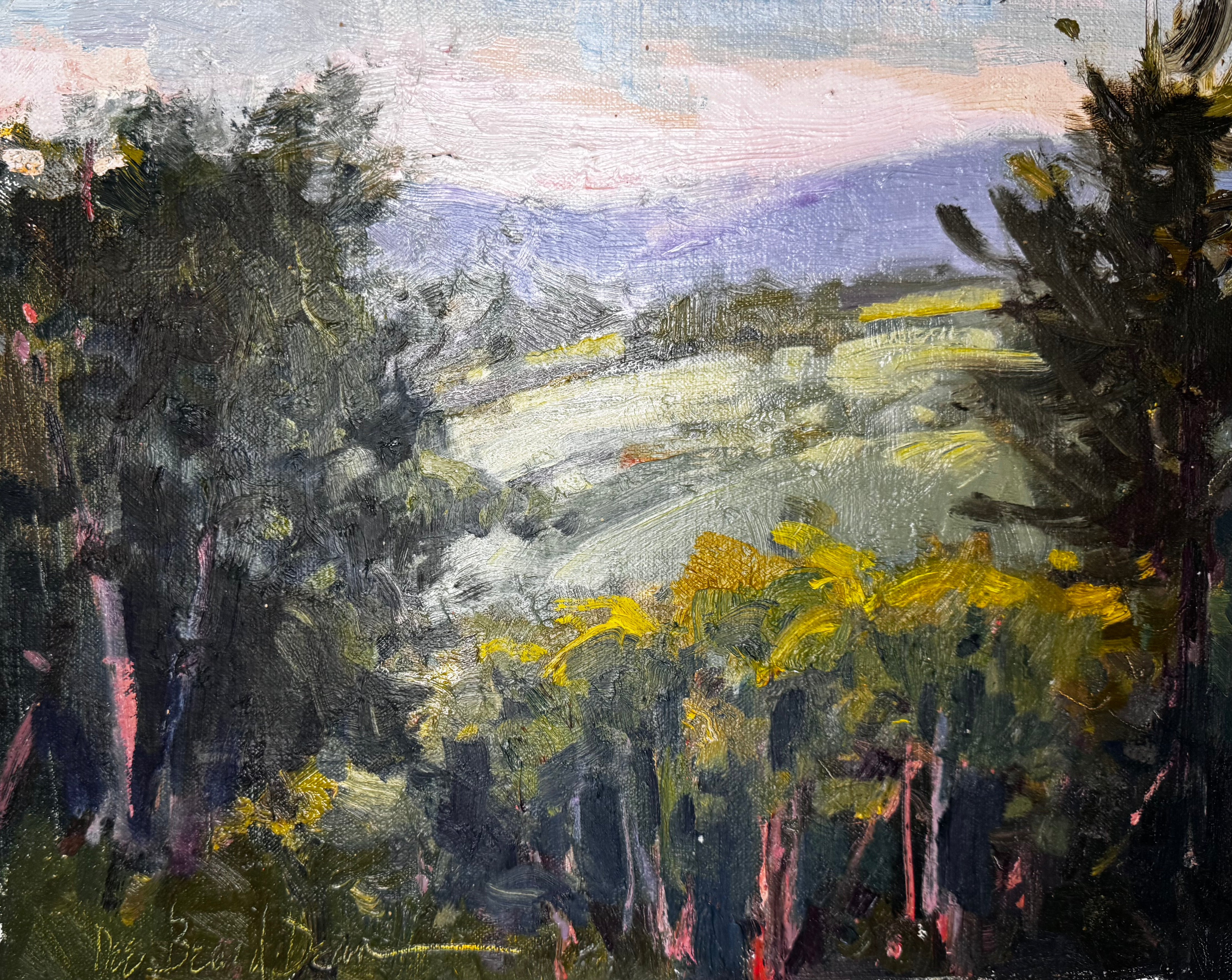 Painting titled 'Thirteen' displaying a coastal scene in soft tones on an 11x14 board by John Beard Collection