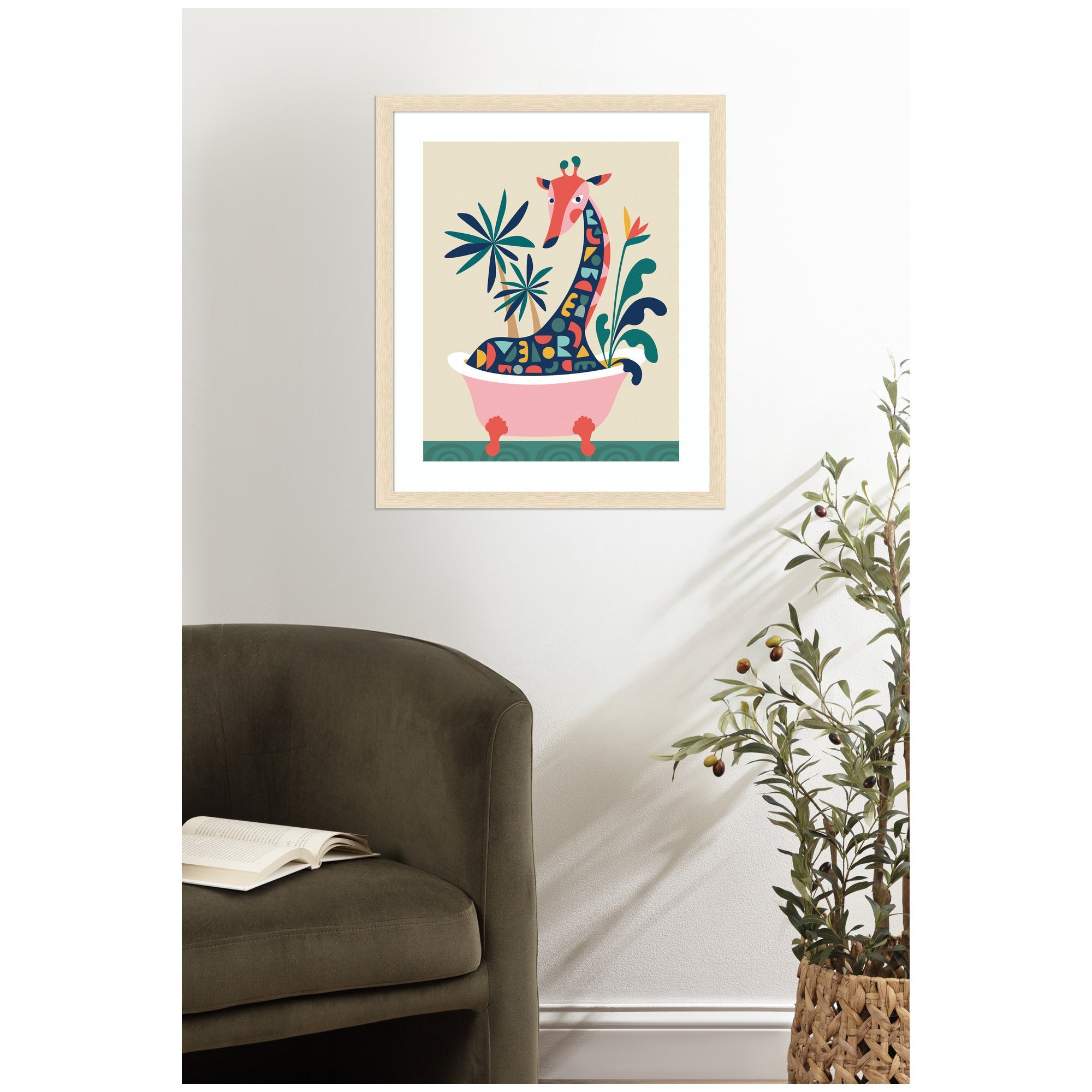 Framed Art Mid Century Modern Giraffe in Bathtub by Rachel Lee