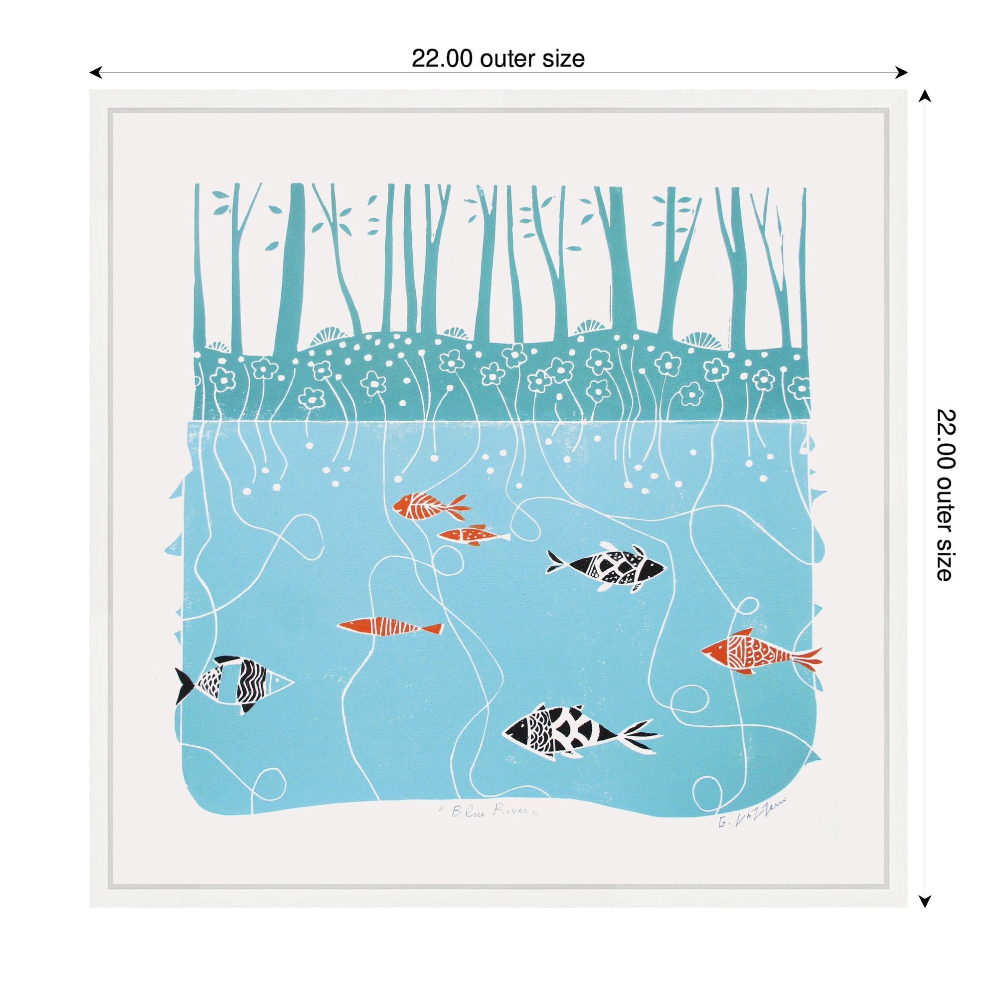 Sylvie Coastal Blue River Linocut Framed Canvas by Giuliana Lazzerini