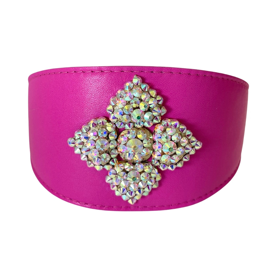 Fuchsia pink leather collar with custom Swarovski crystal flower accessory by Allysa Payne Beverly Hills