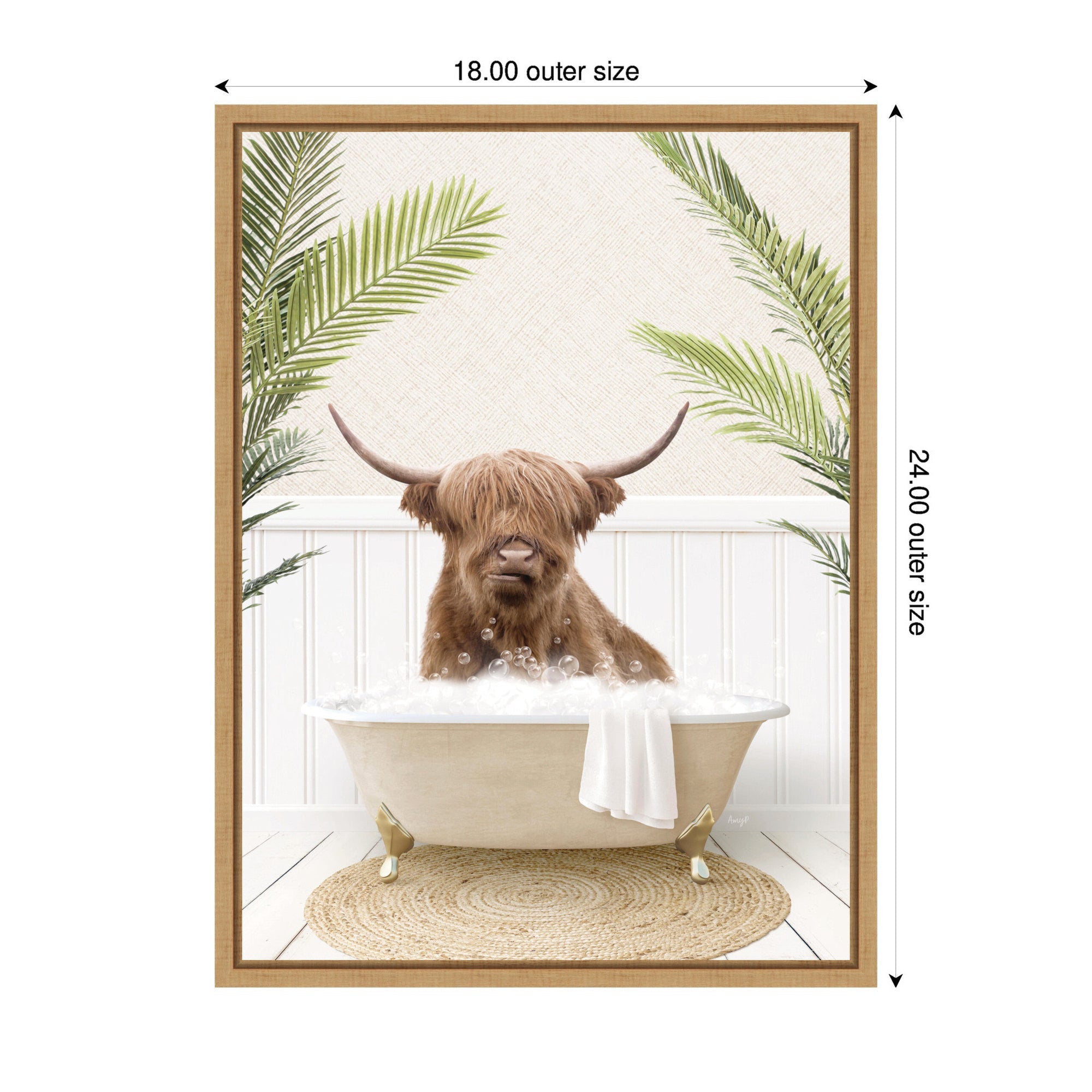 Sylvie Highland Cow in Palm Bathtub Framed Canvas by Amy Peterson