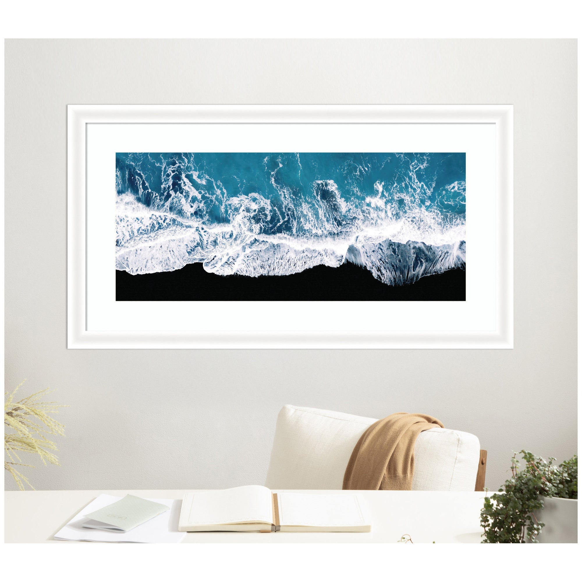 Framed Art Minimalist Ocean Waves on the Black Beach in Iceland Panel by Michael Schauer