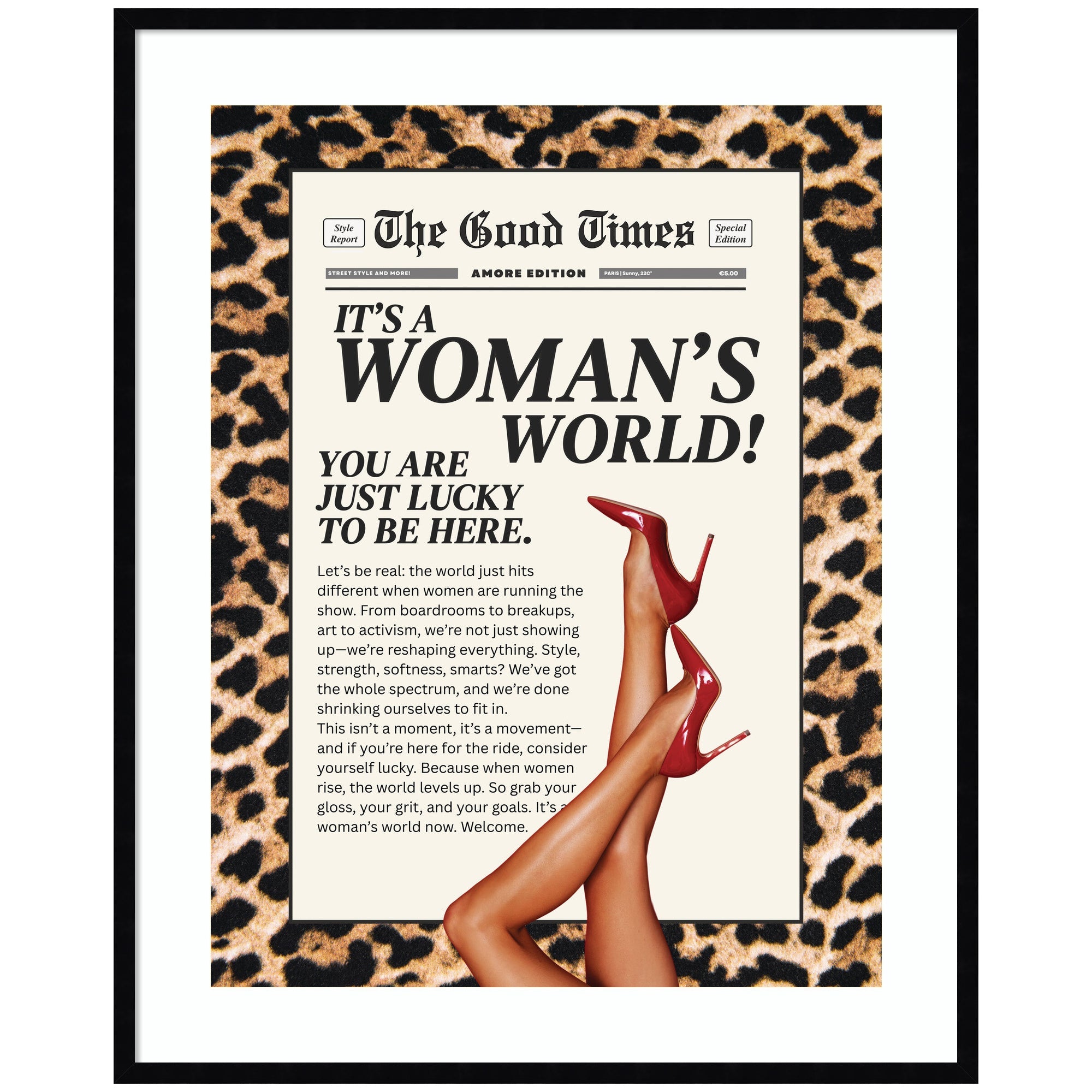 Leopard Maximalist Womans World framed wall art by Honey Island Studio showing a stylized portrait with bold colors and designer moulding frame