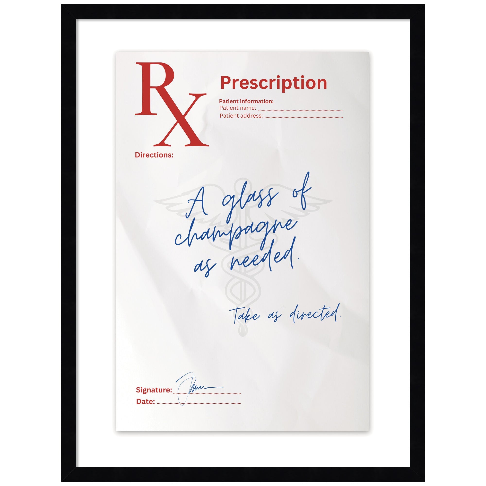 Framed wall art print titled 'A Glass of Champagne Rx' by Honey Island Studio featuring a minimalist champagne glass illustration in a svelte noir black frame